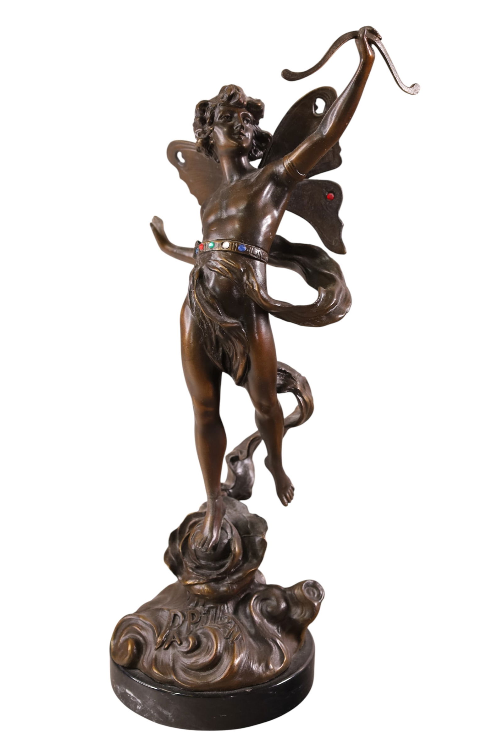 CUPID BRONZE: SMALL CUPID BRONZE FIGURE, SIGNED. 15 1/2" H.