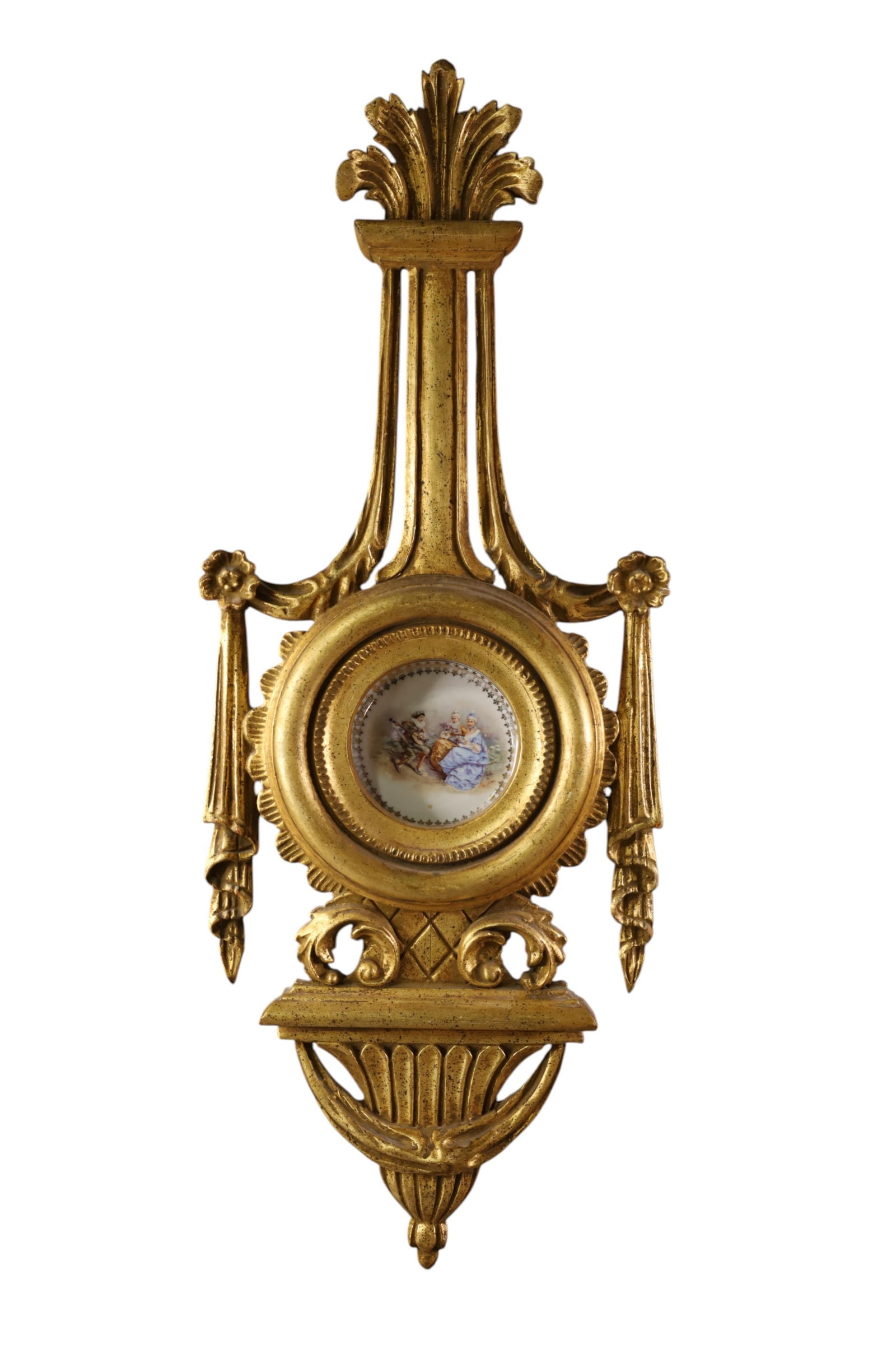 ITALIAN WALL HANGING: GOLD GILT ITALIAN WALL HANGING, WITH PORCELAIN PLATE INSERT. OLD REPAIRS. 35" H. x 13" W.