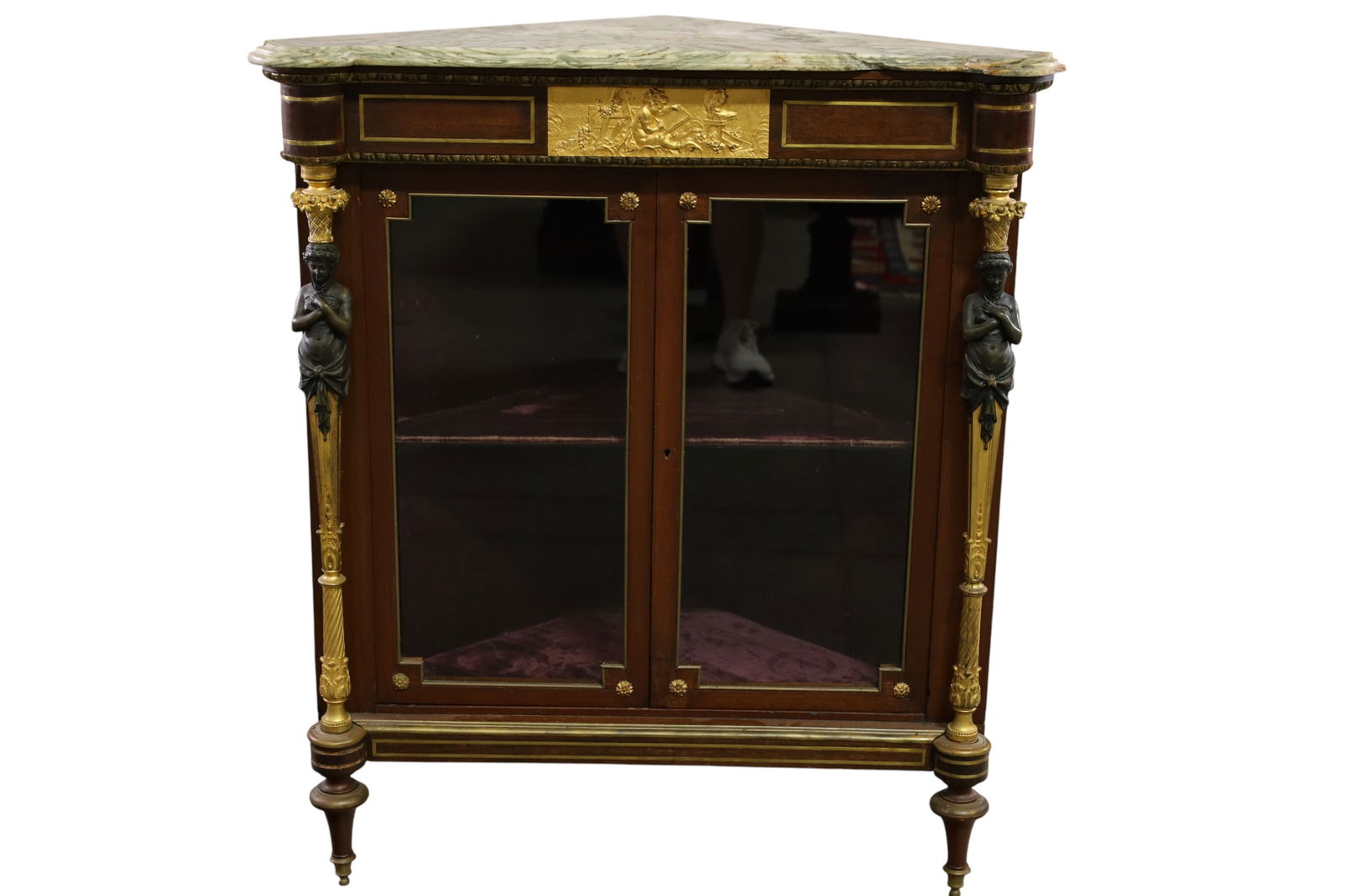 LOUIS XVI CORNER CABINET: FRENCH MARBLE TOP, TWO DOOR FIGURAL CORNER CABINET, BRONZE MOUNTS. CHIPS TO FRONT OF MARBLE. 35" W x 20" D x 41" H. THIS ITEM EXCEEDS SIZE LIMITATIONS FOR IN HOUSE SHIPPING, MUST BE PICKED UP IN