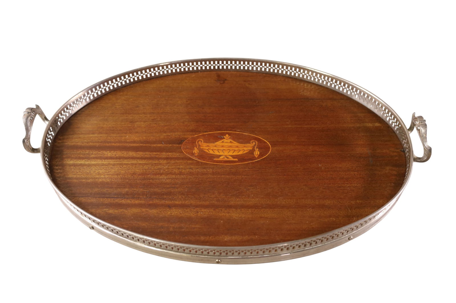 INLAID SERVING TRAY: INLAID SILVERPLATE AND WOOD TRAY. 20" x 13"