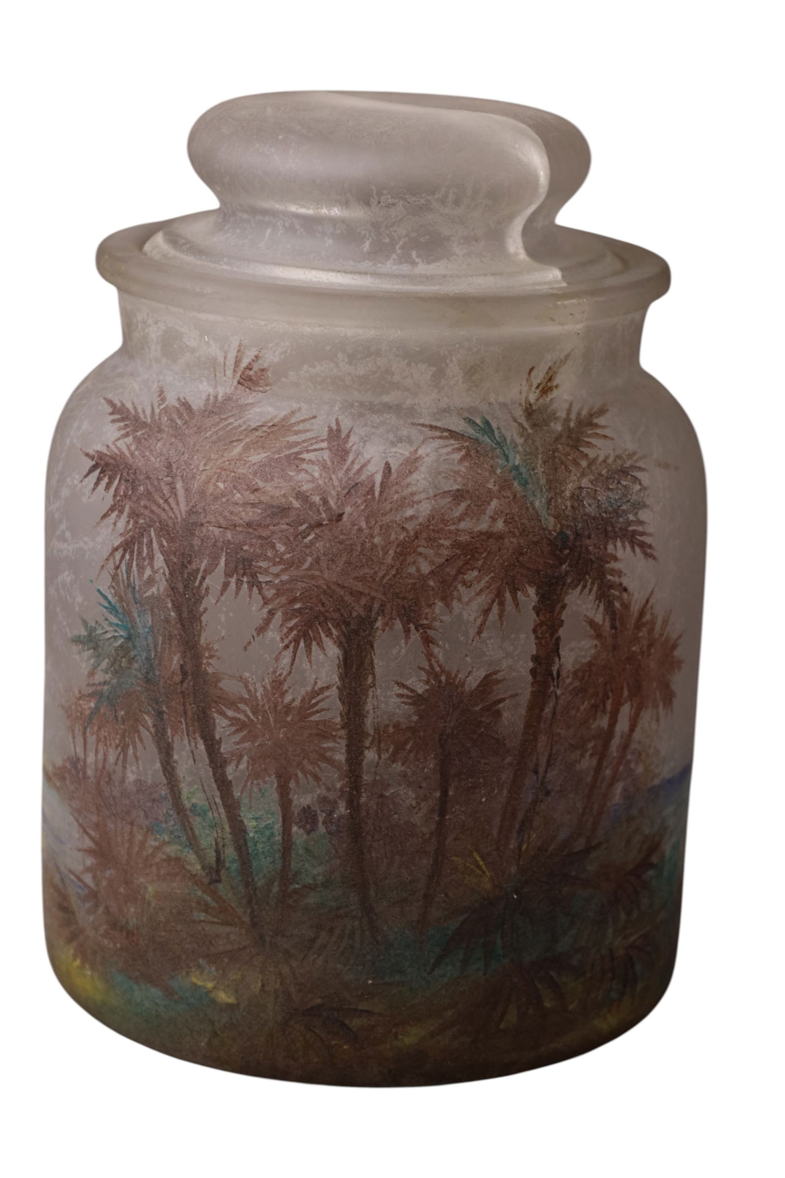 HANDEL HUMIDOR: HAND PAINTED ART GLASS HUMIDOR, No 4204, WITH CRACK & CHIPS TO LID. 8 1/2" H.