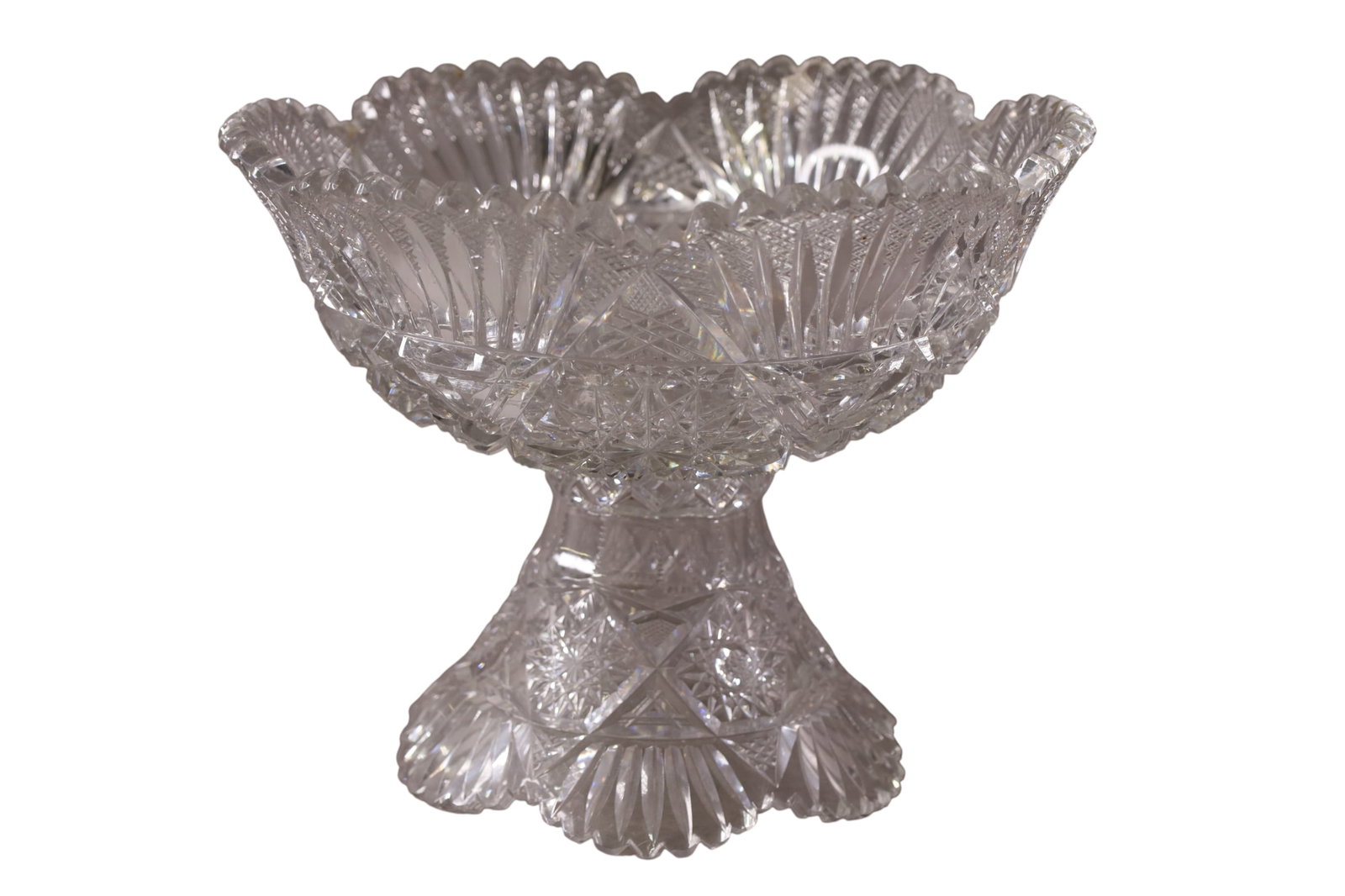 CUT GLASS PUNCH BOWL: AMERICAN BRILLIANT CUT GLASS PUNCH BOWL. SMALL CHIPS. 11" DIAM x 9" H.