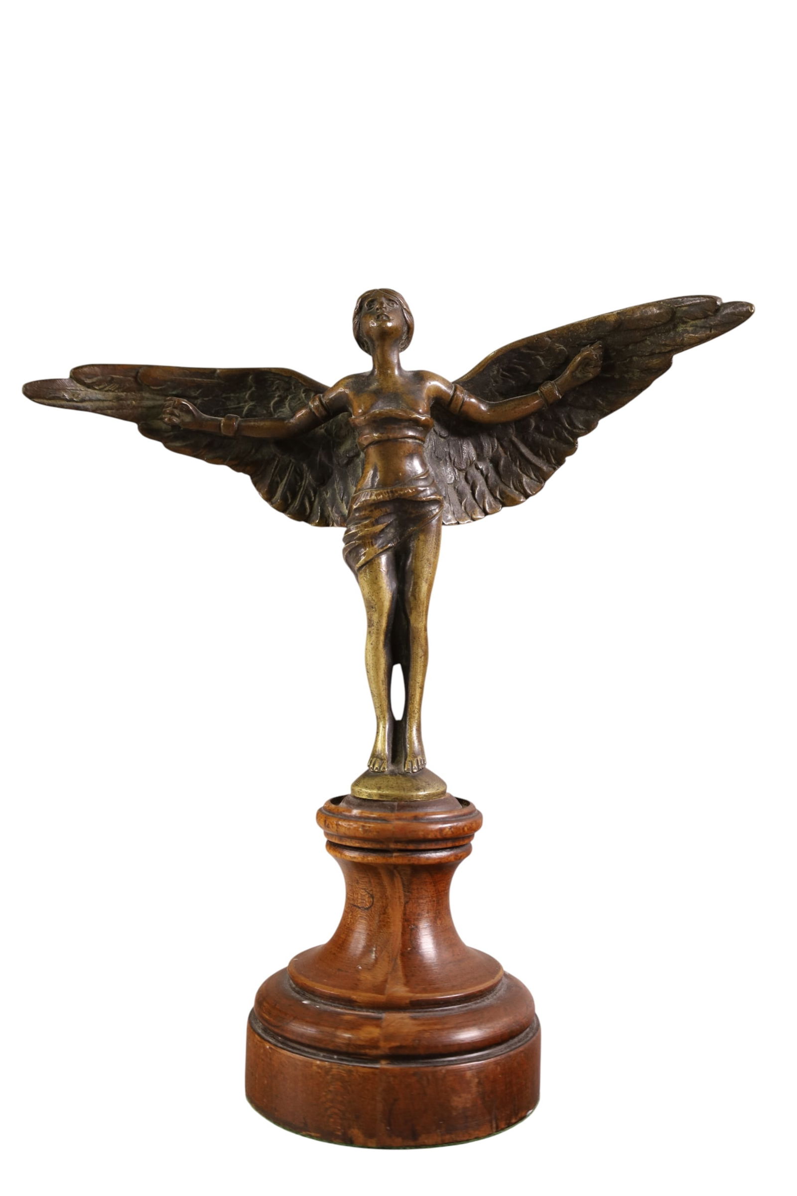 WINGED MAIDEN BRONZE: SMALL WINGED MAIDEN BRONZE FIGURE, ON WOODEN BASE. 10" H.