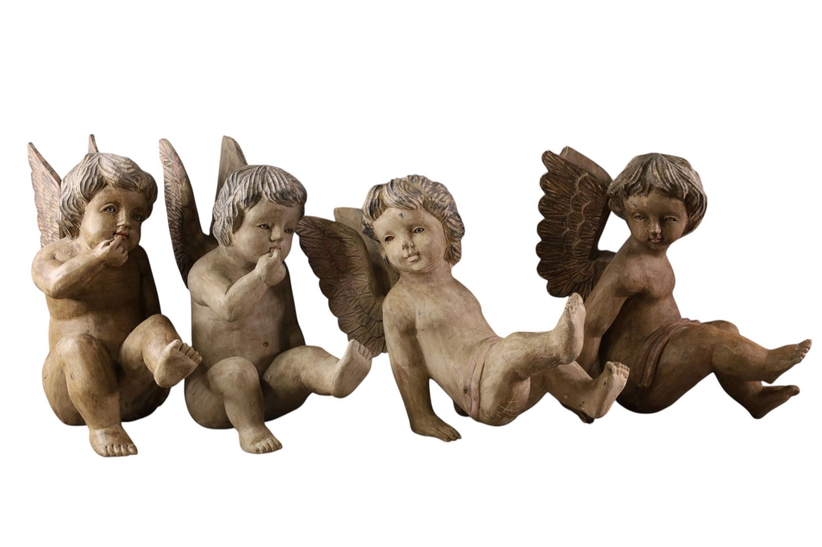 4 CARVED CHERUBS: 4 WOODEN CARVED CHERUBS, WITH GLASS EYES, 15" H.