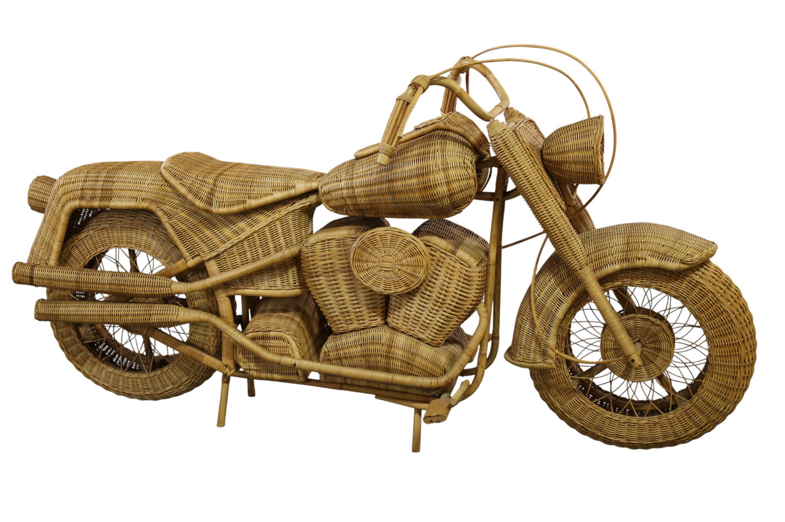 VINTAGE FULL SIZE WICKER MOTORCYCLE: LARGE VINTAGE WICKER MOTORCYCLE, 82" L x 40" H. THIS ITEM EXCEEDS SIZE LIMITATIONS FOR IN HOUSE SHIPPING, MUST BE PICKED UP IN HOUSE OR SHIPPED VIA 3rd PARTY GROUND SHIPPER.