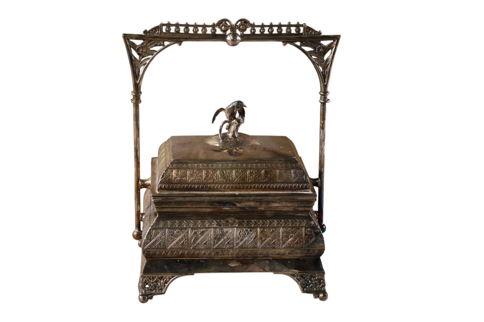 VICTORIAN SILVERPLATED DRESSER BOX: VICTORIAN BIRD TOP SILVERPLATED DRESSER BOX, WITH HANDLE, 6 1/2" W x 8 1/2" H.