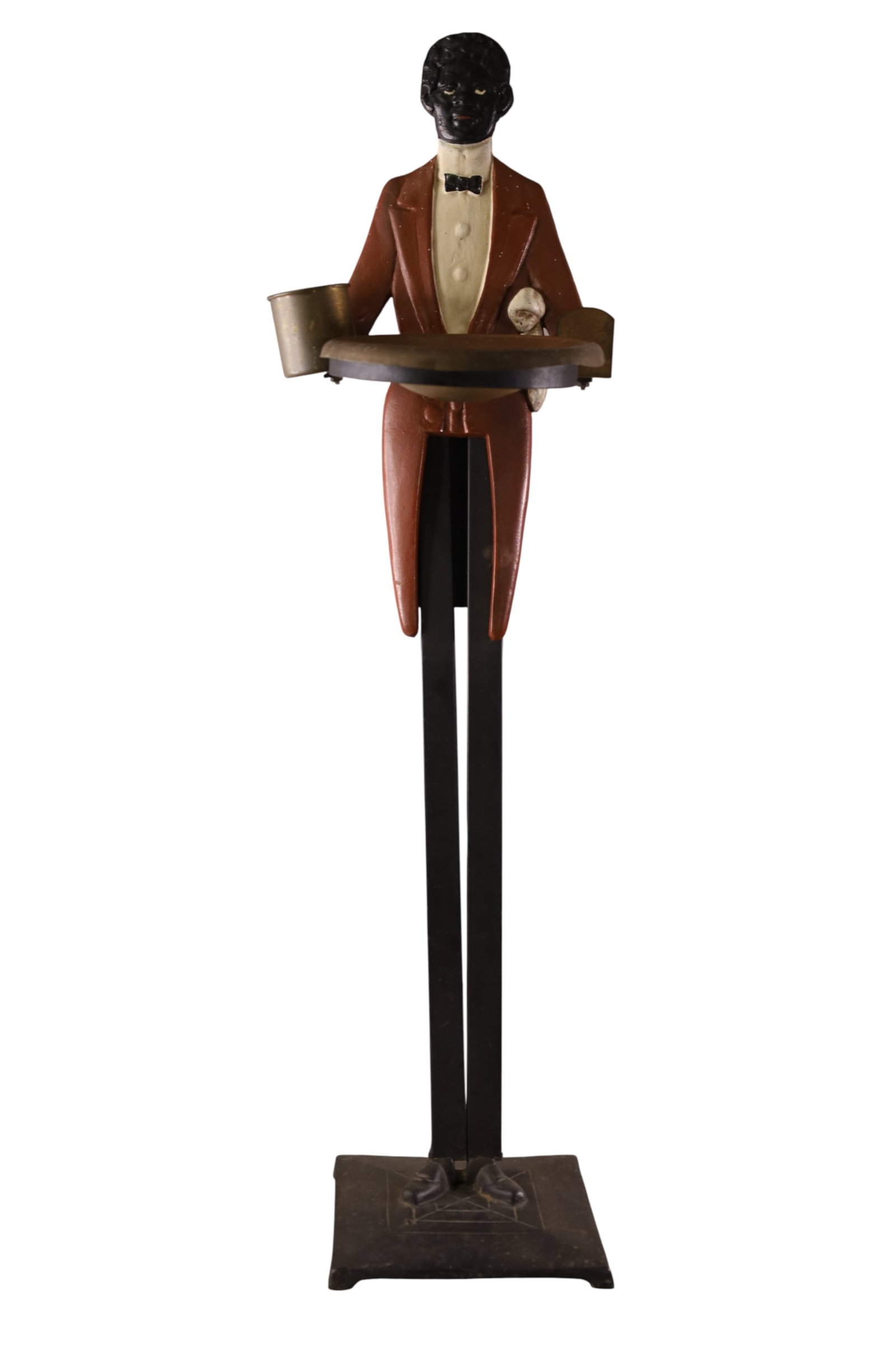 BLACK AMERICANA SMOKE STAND: VINTAGE BLACK AMERICANA CAST IRON SMOKE STAND. WITH TRAY. 33 1/2" H.