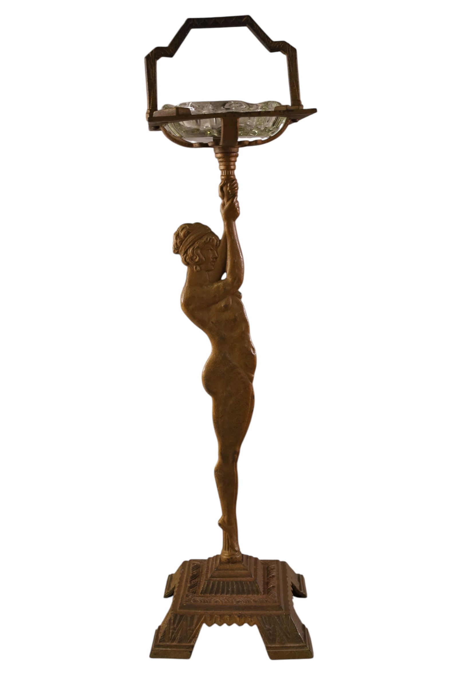 CAST IRON ART NOUVEAU NUDE SMOKE STAND: FIGURAL ART NOUVEAU SMOKE STAND WITH TRAY. 25" H.