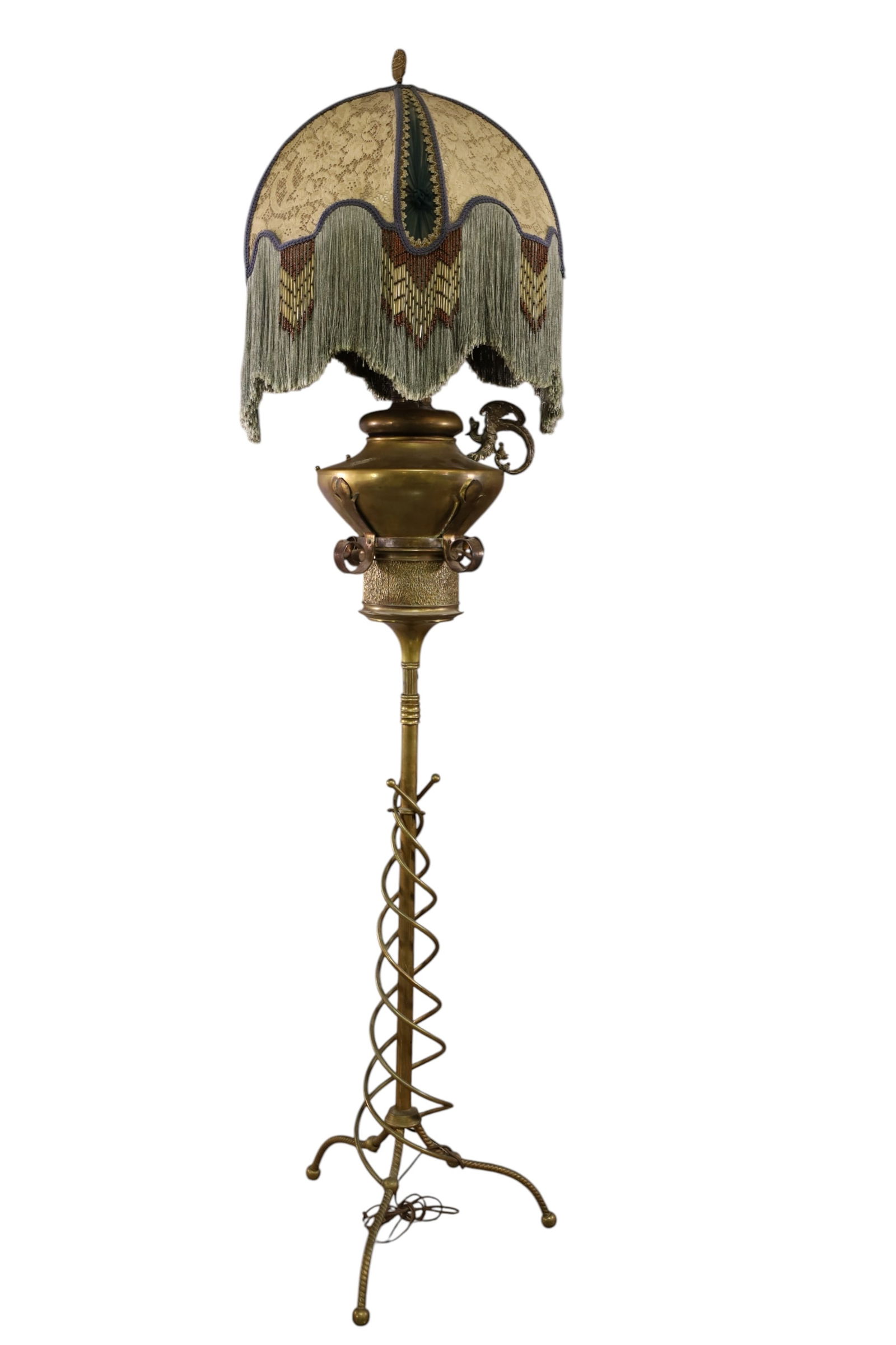 VICTORIAN FLOOR LAMP: LARGE ELECTRIFIED VICTORIAN FLOOR LAMP WITH LARGE SILK SHADE & BEADED DECORATION, DRAGON DECORATED. MARKED B&H (BRADLEY & HUBBARD) 80" H. THIS ITEM EXCEEDS SIZE LIMITATIONS FOR IN HOUSE SHIPPING, 