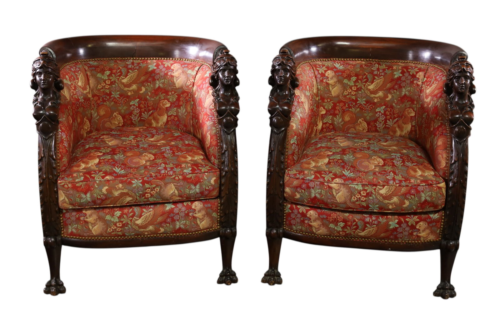 PAIR OF KARPEN PARLOR CHAIRS: PAIR OF LARGE BARREL BACK KARPEN PARLOR CHAIRS, WINGED MAIDEN CARVED ARMS, CLAW FOOT. 30" W x 23" D x 36 1/2" H. THIS ITEM EXCEEDS SIZE LIMITATIONS FOR IN HOUSE SHIPPING, MUST BE PICKED UP IN