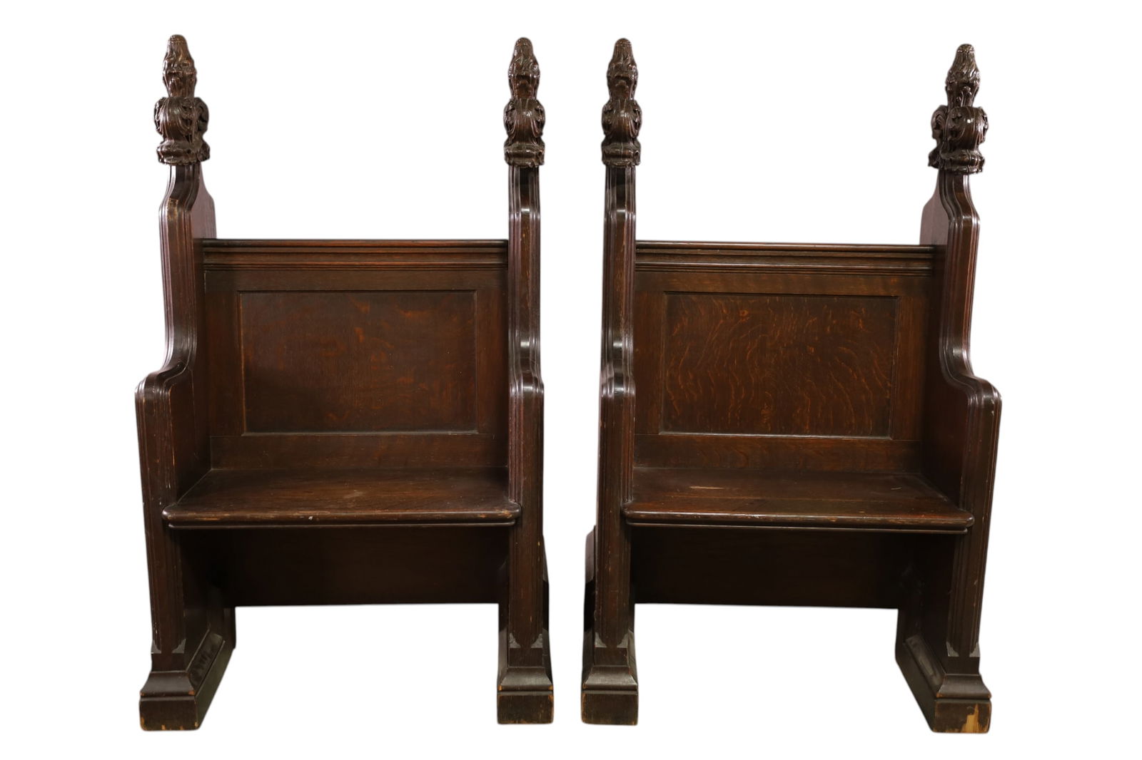 PAIR OF CHURCH PEWS: PAIR OF GOTHIC CHURCH PEWS, CARVED OAK CHURCH PEWS, WEAR TO FINISH, BACK LEGS DO NOT SIT FLAT. 31" W x 22" D x 54" H. THIS ITEM EXCEEDS SIZE LIMITATIONS FOR IN HOUSE SHIPPING, MUST BE PICKED UP