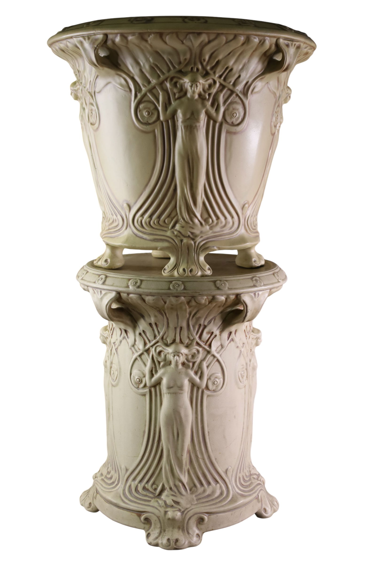 WELLER JARDINIERE AND PEDESTAL: LARGE WELLER "IVORY" PATTERN ART NOUVEAU JARDINIERE AND PEDESTAL, FIGURAL DECORATED. 35" H & 19" W THIS ITEM EXCEEDS SIZE LIMITATIONS FOR IN HOUSE SHIPPING, MUST BE PICKED UP IN HOUSE OR SHIPPED VIA
