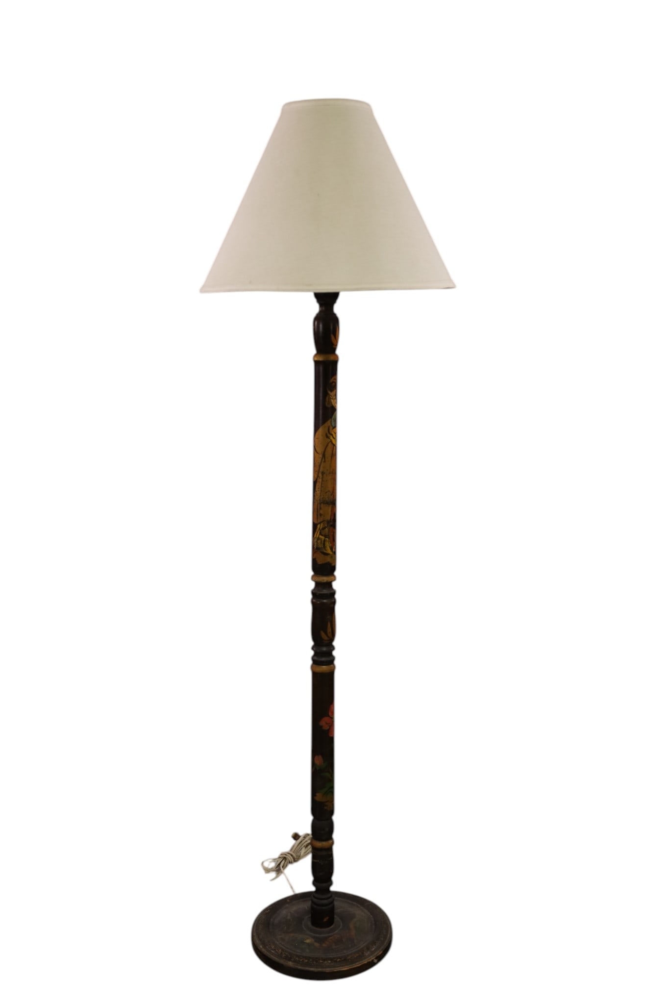 CHINESE MOTIF FLOOR LAMP: PAINTED WOOD, CHINESE MOTIF FLOOR LAMP, SLIGHT LEAN. 62" H. THIS ITEM EXCEEDS SIZE LIMITATIONS FOR IN HOUSE SHIPPING, MUST BE PICKED UP IN HOUSE OR SHIPPED VIA 3rd PARTY GROUND SHIPPER.
