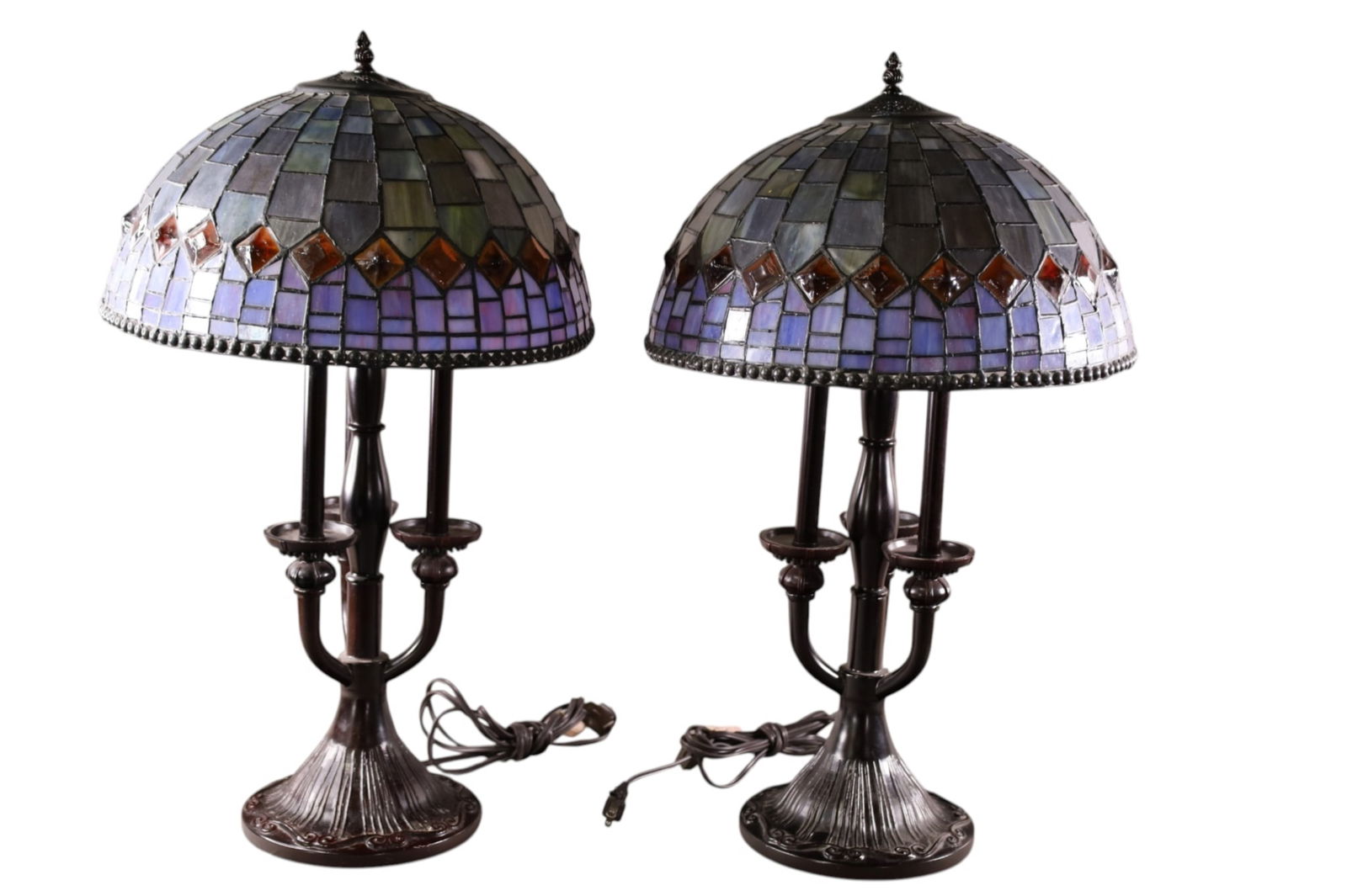 PAIR OF CONTEMPORARY LEADED LAMPS: LEADED AND JEWELED SHADES, CONTEMPORARY TIFFANY STYLE LEADED GLASS TABLE LAMPS, TRIPLE SOCKET. 26" H.
