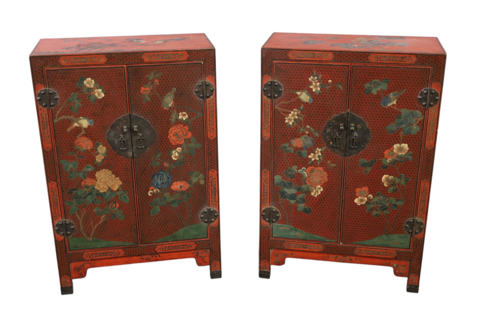 PAIR OF CHINESE CABINETS: PAIR OF RED LACQUER CABINET, FLORAL DECORATED, TWO DOOR CABINETS. 24" W x 12" D x 36" H. THIS ITEM EXCEEDS SIZE LIMITATIONS FOR IN HOUSE SHIPPING, MUST BE PICKED UP IN HOUSE OR SHIPPED VIA 3rd 