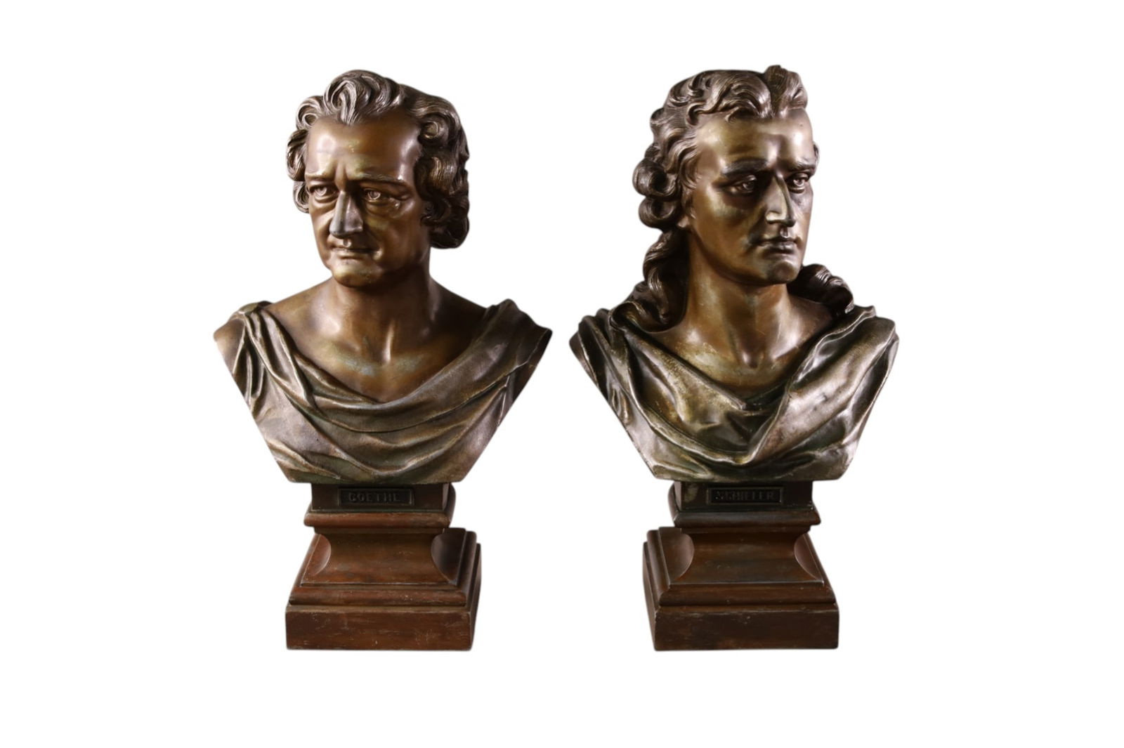 PAIR OF SPELTER BUSTS: PAIR OF SPELTER BUSTS, GOETHE & SCHILLER. 13 1/2" H.