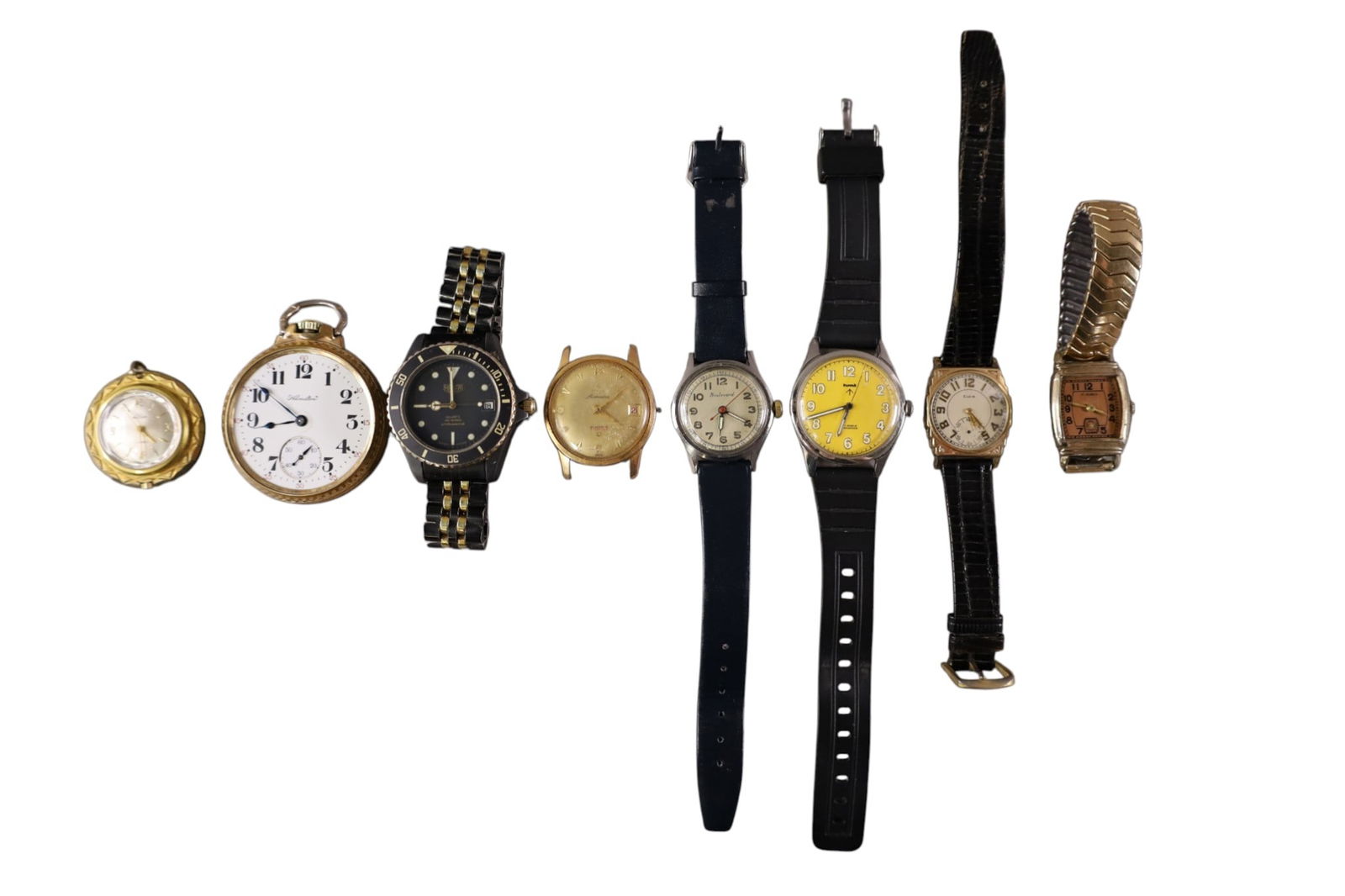 GROUPING OF MENS WRISTWATCHES: WRIST WATCHES AND 1 POCKET WATCH. ALL WATCHES ARE SOLD AS IS WE DO NOT GUARANTEE WORKING ORDER.