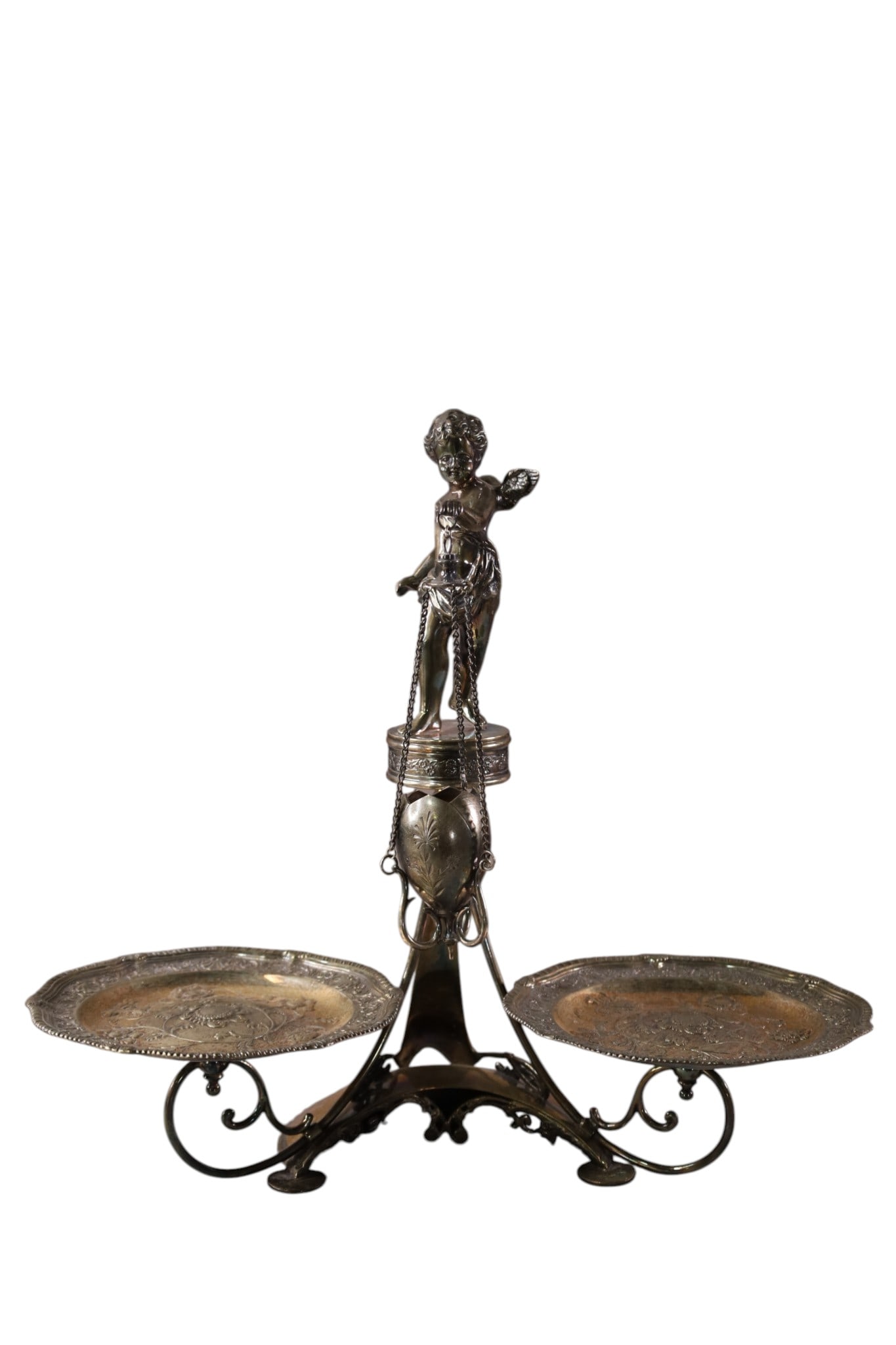 VICTORIAN SILVERPLATE CENTER PIECE: WILCOX CHERUB FORM SILVERPLATED CENTER PIECE, 16" W x 14 1/2" H.
