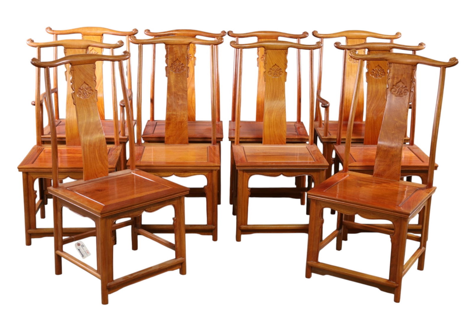 SET OF 10 CHINESE DINING CHAIRS: 8 SIDE CHAIRS & 2 ARMCHAIRS, CHINESE YOKE BACK HARDWOOD DINING CHAIRS.