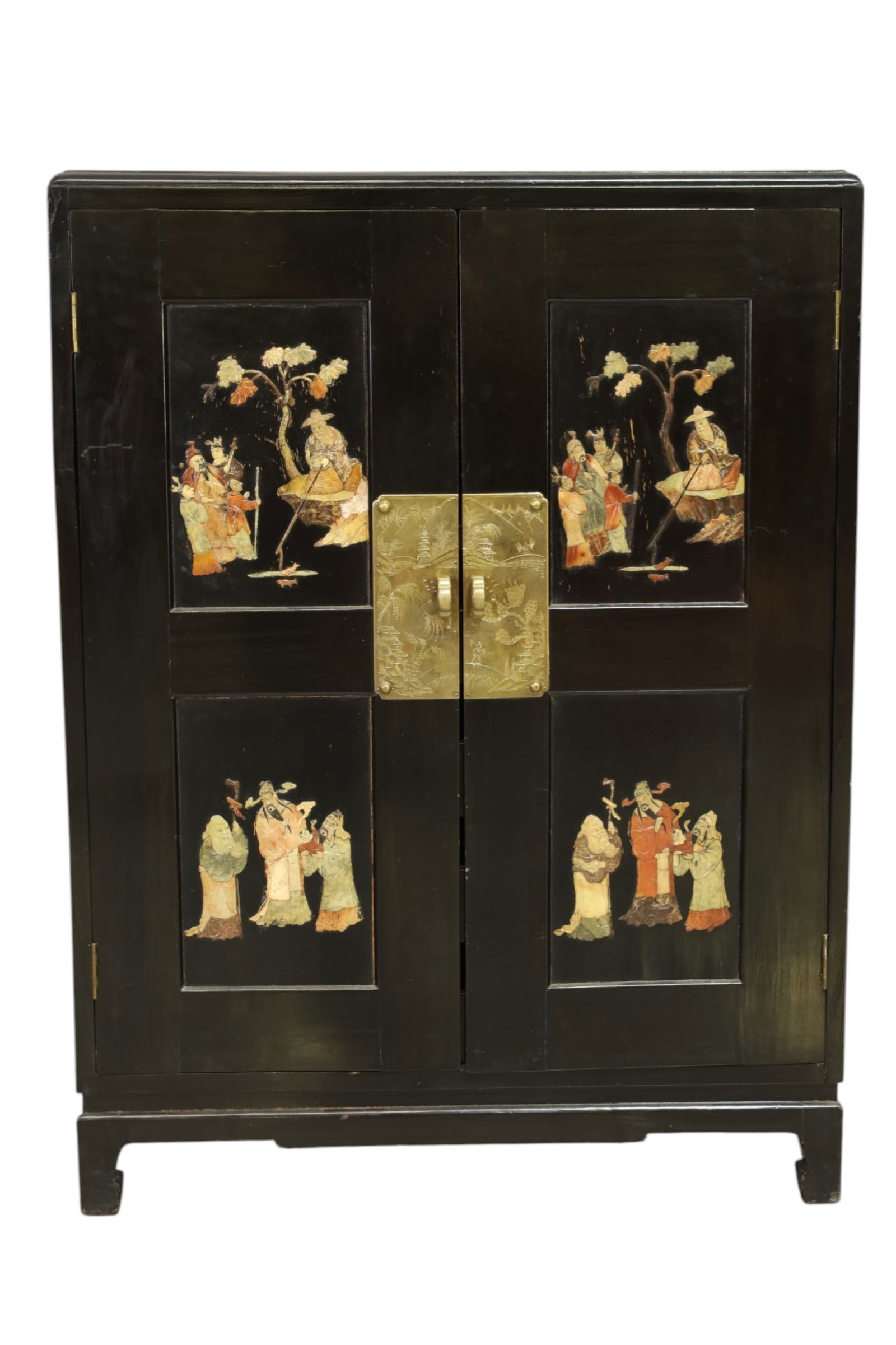 CHINESE HALL CABINET: 2 DOOR CHINESE HALL CABINET, FITTED WITH 4 INTERIOR DRAWERS, STONE APPLIED DECORATION, MISSIING SOME STONES. 35" W x 17" D x 47" H. THIS ITEM EXCEEDS SIZE LIMITATIONS FOR IN HOUSE SHIPPING, MUST