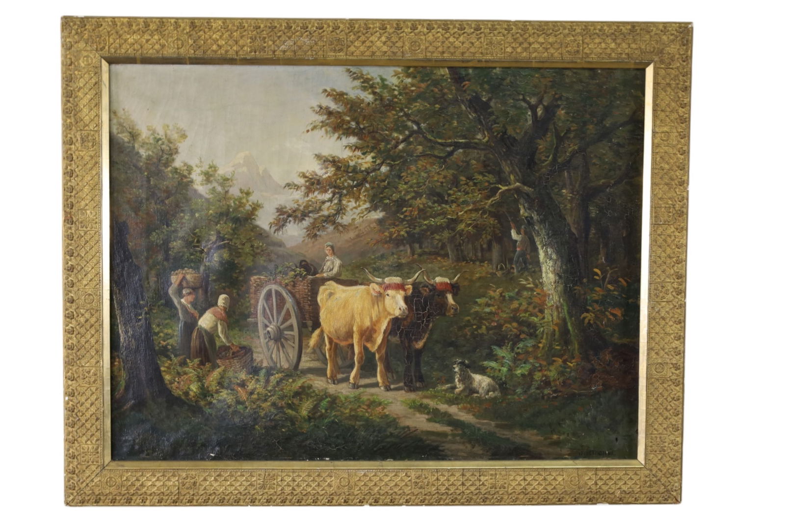 JAMES DESVARREAUX LARPENTUER OIL PAINTING: OIL ON CANVAS, TITLED GATHERING CHESTNUTS HAPPY VALLEY - PAU. 1881, OLD REPAIRS AND DAMGE TO CANVAS. CHIPS TO FRAME. 40" x 32"