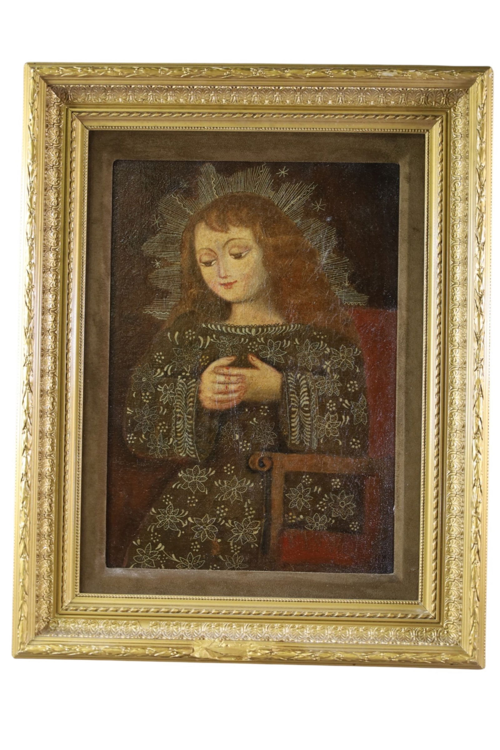 RELIGIOUS PICTURE: ON CANVAS, RELIGIOUS PAINTING OF ANGEL, IN GILT FRAME. 23" x 30"