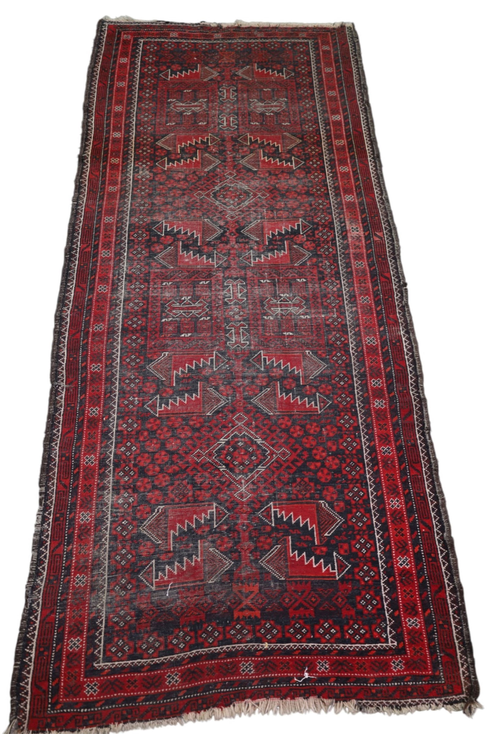 APPROX 3' 6" x 7' 10" HANDMADE WOOL RUG: HANDMADE WOOL RUG, AREAS OF LOW PILE, EDGE WEAR.