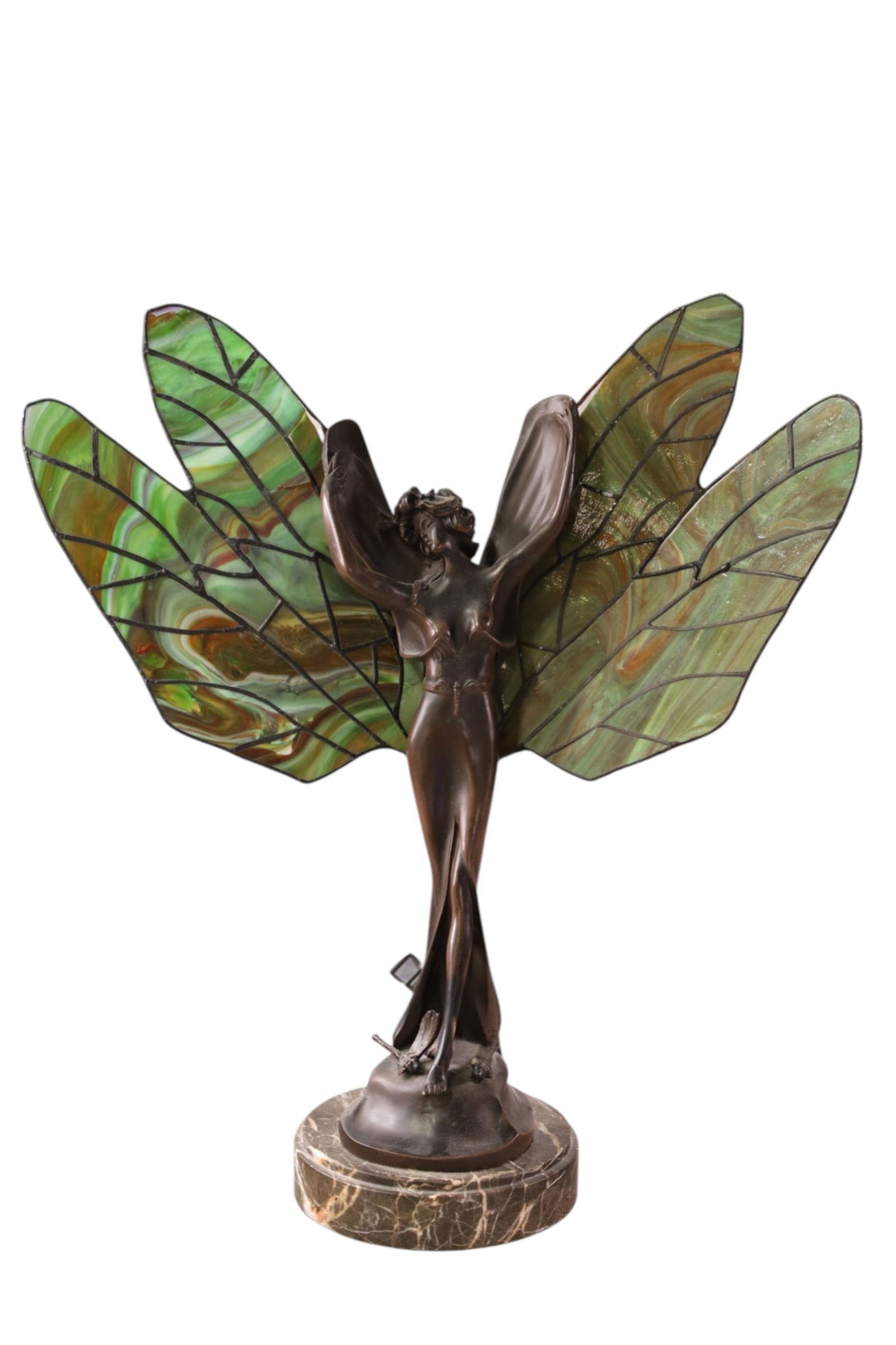 LEADED FAIRY LAMP: LARGE FIGURAL FAIRY TABLE LAMP, LEADED GLASS WINGS. CRACKS TO WINGS. 19" W x 21" H.