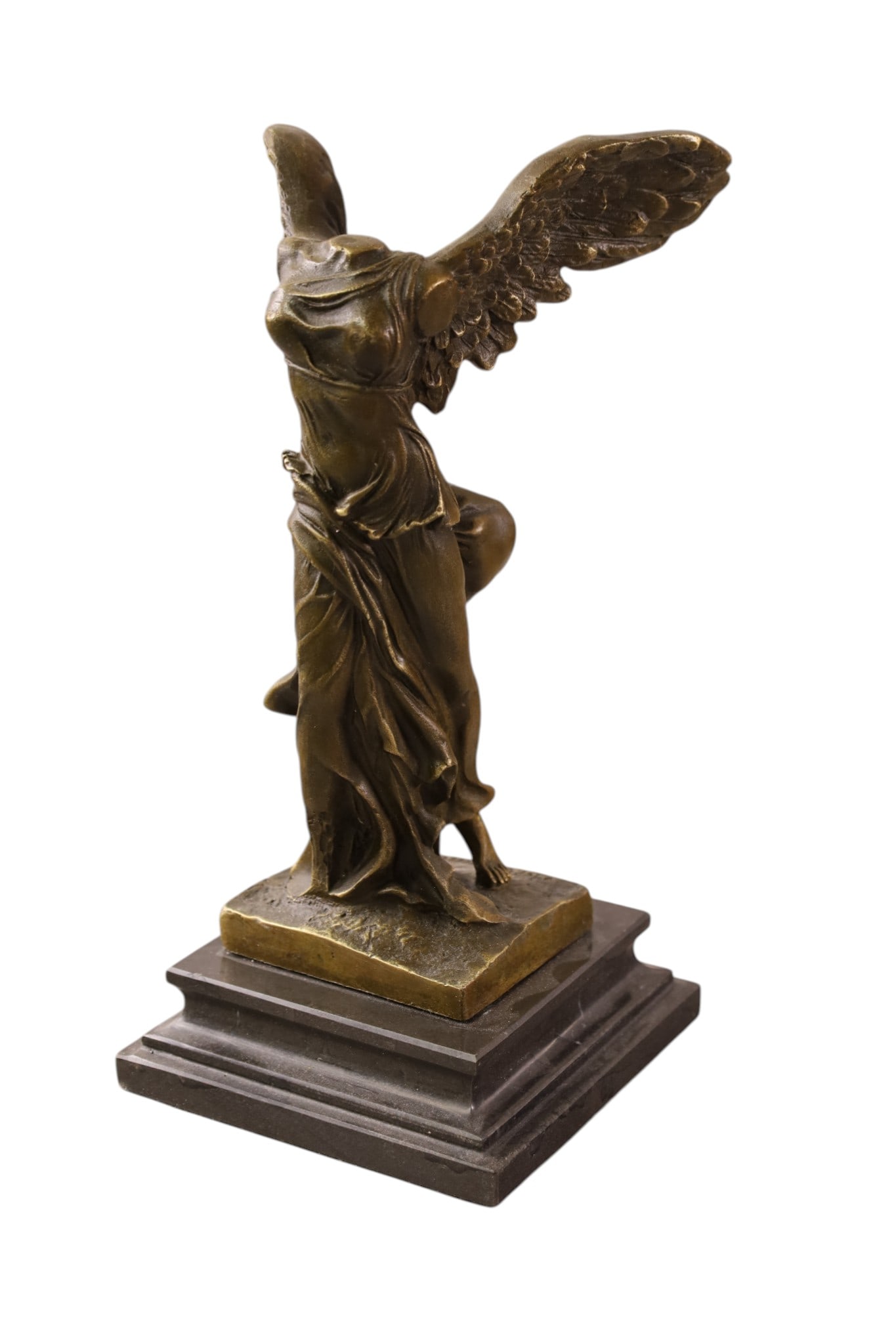 NIKE OF SAMOTHRACE BRONZE STATUE: SMALL BRONZE FIGURE, NIKE OF SAMOTHRACE, SIGNED HERNANDEZ. 11 1/2" H.