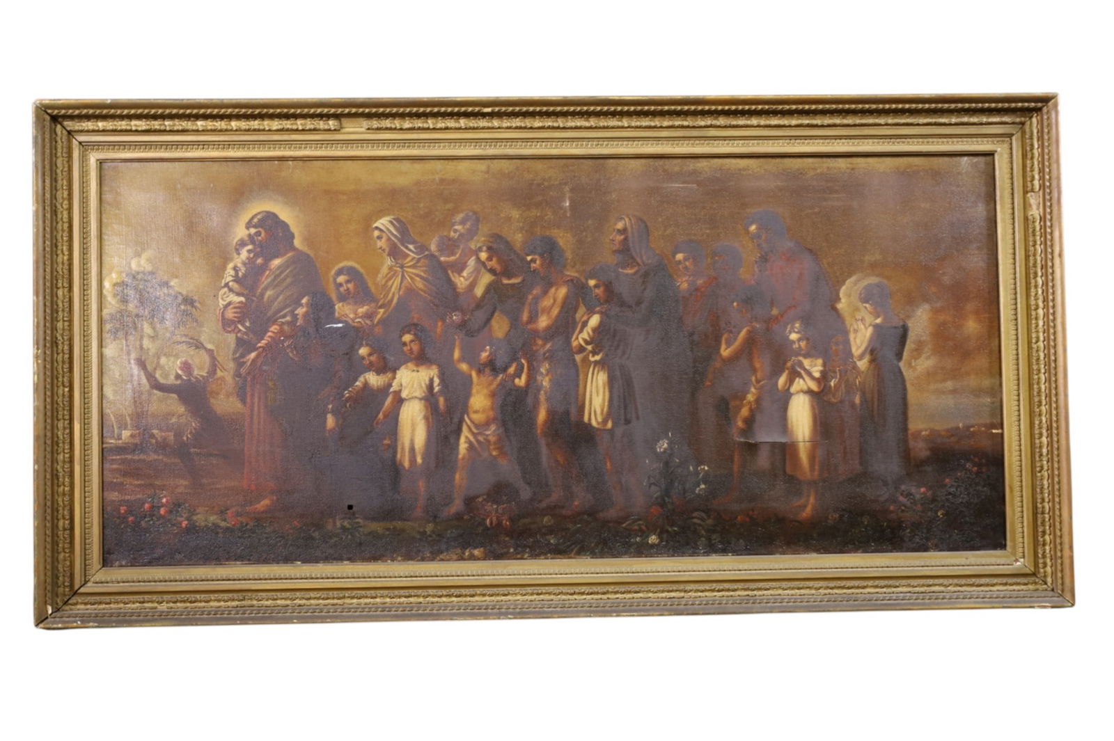 LARGE RELIGIOUS PAINTING: OIL ON CANVAS, RELIGIOUS PAINTING, DAMAGE TO CANVAS, HOLE AND TEAR. CHIPS TO FRAME. 67" x 35" THIS ITEM EXCEEDS SIZE LIMITATIONS FOR IN HOUSE SHIPPING, MUST BE PICKED UP IN HOUSE OR SHIPPED VIA