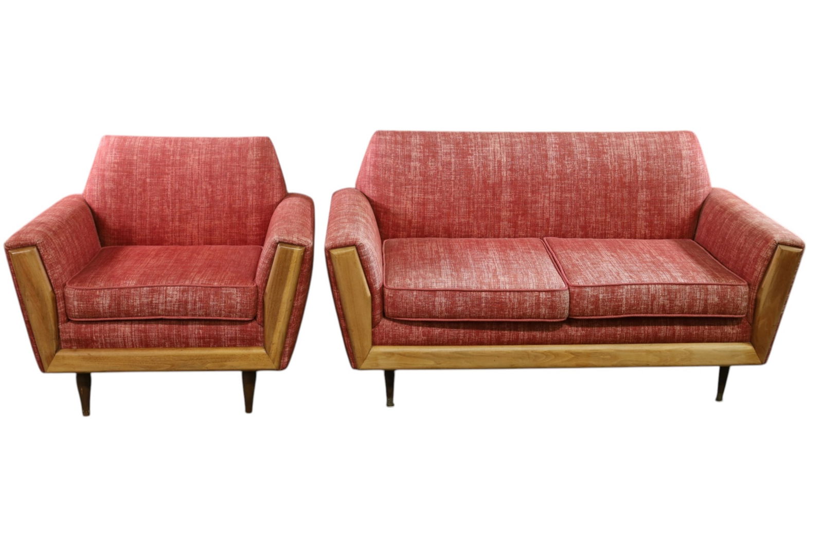 2 PIECE MCM LIVING ROOM SET: MID CENTURY MODERN ADRIAN PEARSALL STYLE SETTEE & LOUNGE CHAIR, 56" W x 29" D x 30" H. & 35" W x 29" D x 30" H. HIS ITEM EXCEEDS SIZE LIMITATIONS FOR IN HOUSE SHIPPING, MUST BE PICKED UP IN HOUSE