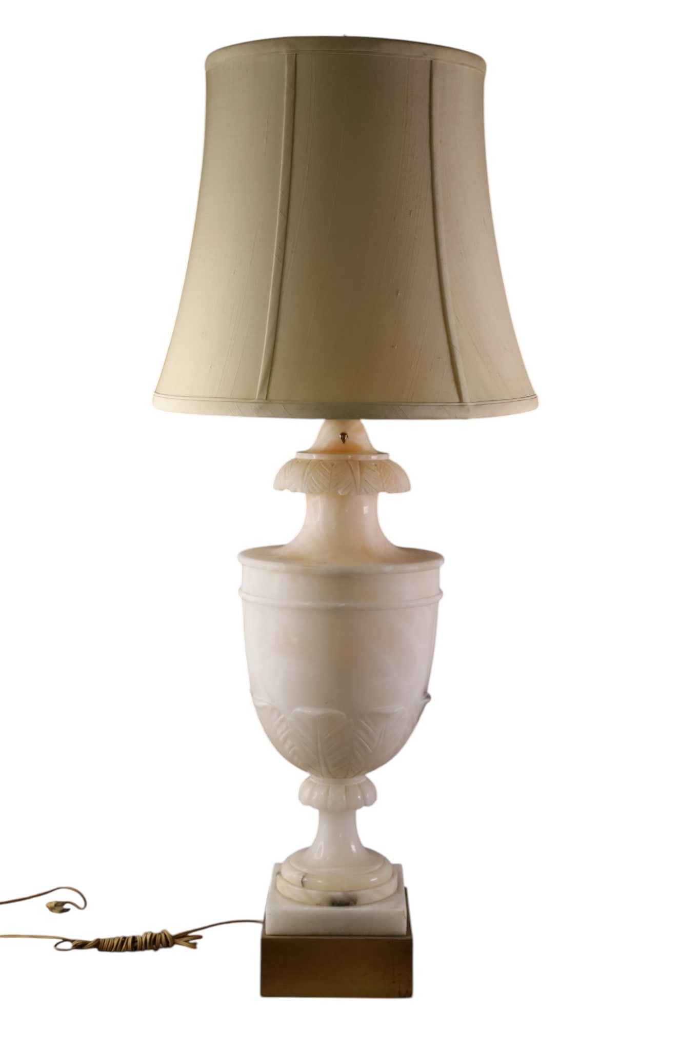 MCM ALABASTER LAMP: LARGE MID CENTURY MODERN ALABASTER LAMP, SMALL CHIPS. 41" H. THIS ITEM EXCEEDS SIZE LIMITATIONS FOR IN HOUSE SHIPPING, MUST BE PICKED UP IN HOUSE OR SHIPPED VIA 3rd PARTY GROUND SHIPPER.