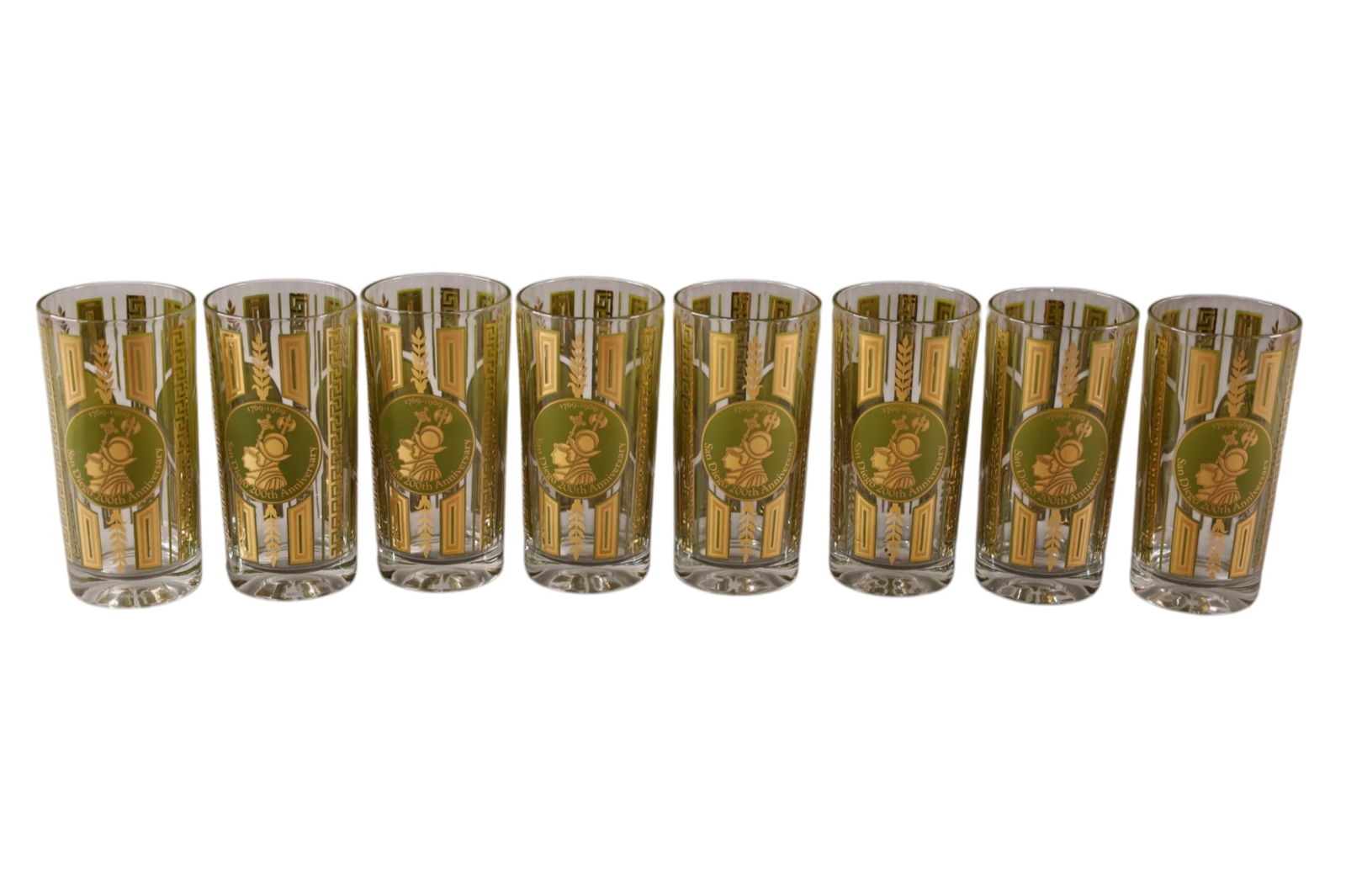 SET OF 8 MCM GLASSES: SET OF 8 MID CENTURY MODERN BARWARE GLASSES, SAN DIEGO 200th ANNIVERSARY HIGH BALL GLASSES. BY HAZEL ATLAS. 5 1/2" H.