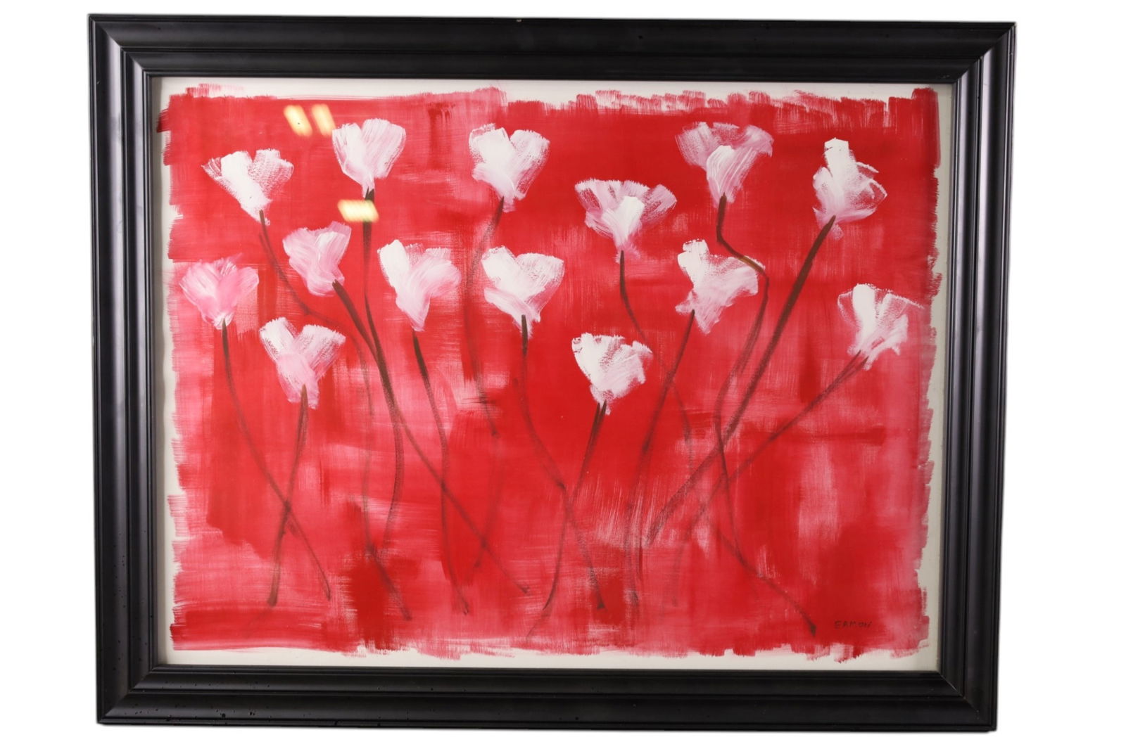 MCM FLORAL PAINTING: SIGNED EAMON, FLORAL PAINTING UNDER GLASS. 27" x 21 1/2"