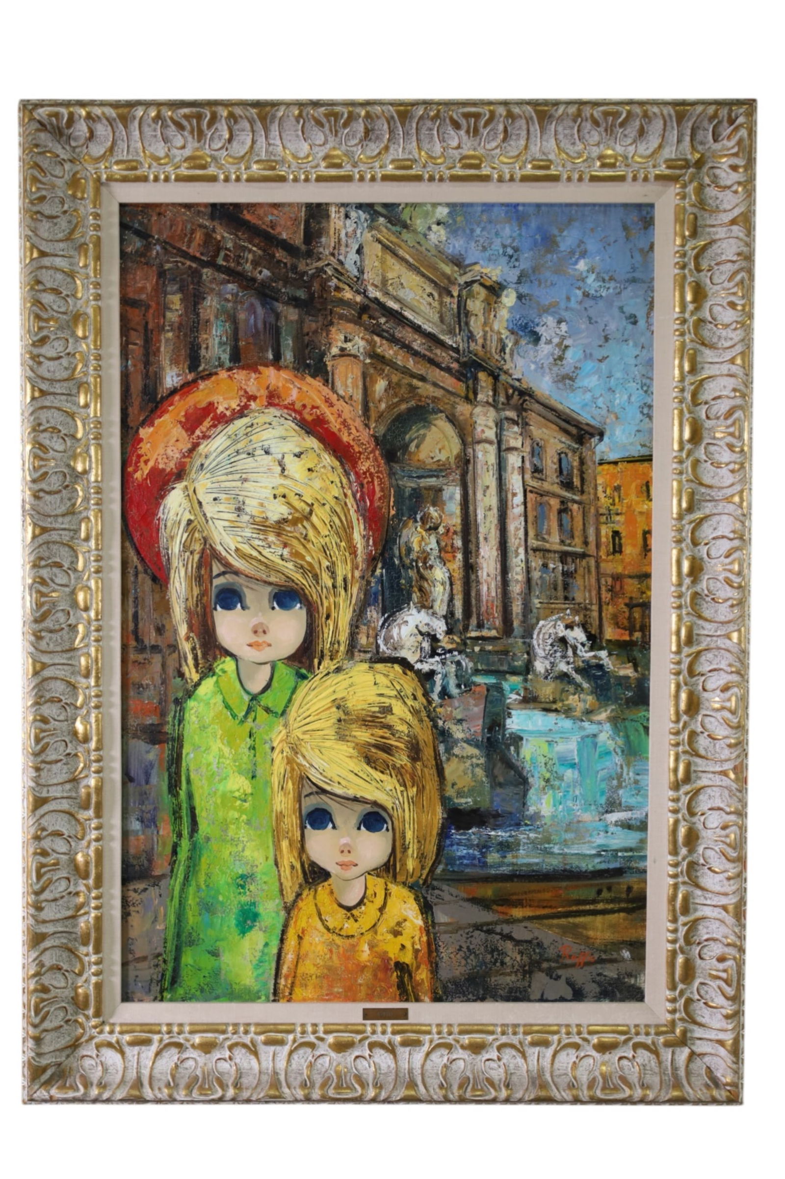 BIG EYE STYLE OIL PAINTING: SIGNED RUFFO, MCM STYLE BIG EYE PAINTING, 32" x 44 1/2" THIS ITEM EXCEEDS SIZE LIMITATIONS FOR IN HOUSE SHIPPING, MUST BE PICKED UP IN HOUSE OR SHIPPED VIA 3rd PARTY GROUND SHIPPER.