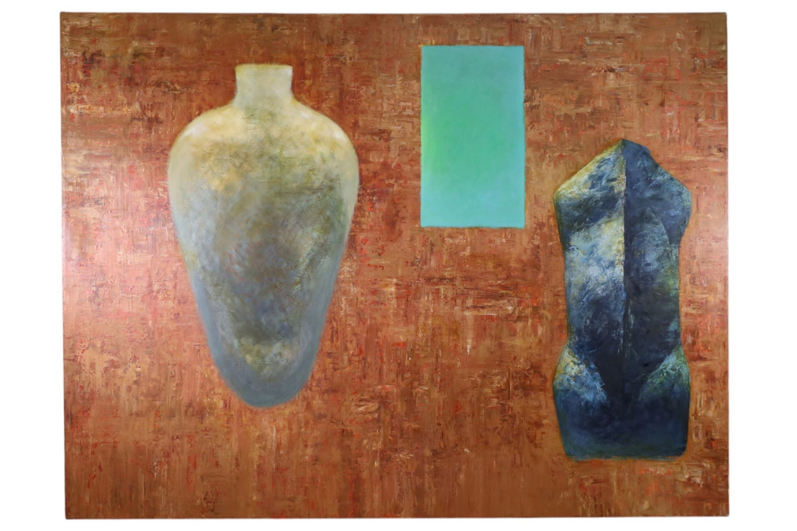 MONUMENTAL MICHAEL DVORTCSAK OIL PAINTING: LARGE UNFRAMED CANVAS, TITLED VESSEL FOR THE SHARED VOW, DATED 1988. 105" x 80" THIS ITEM EXCEEDS SIZE LIMITATIONS FOR IN HOUSE SHIPPING, MUST BE PICKED UP IN HOUSE OR SHIPPED VIA 3rd PARTY