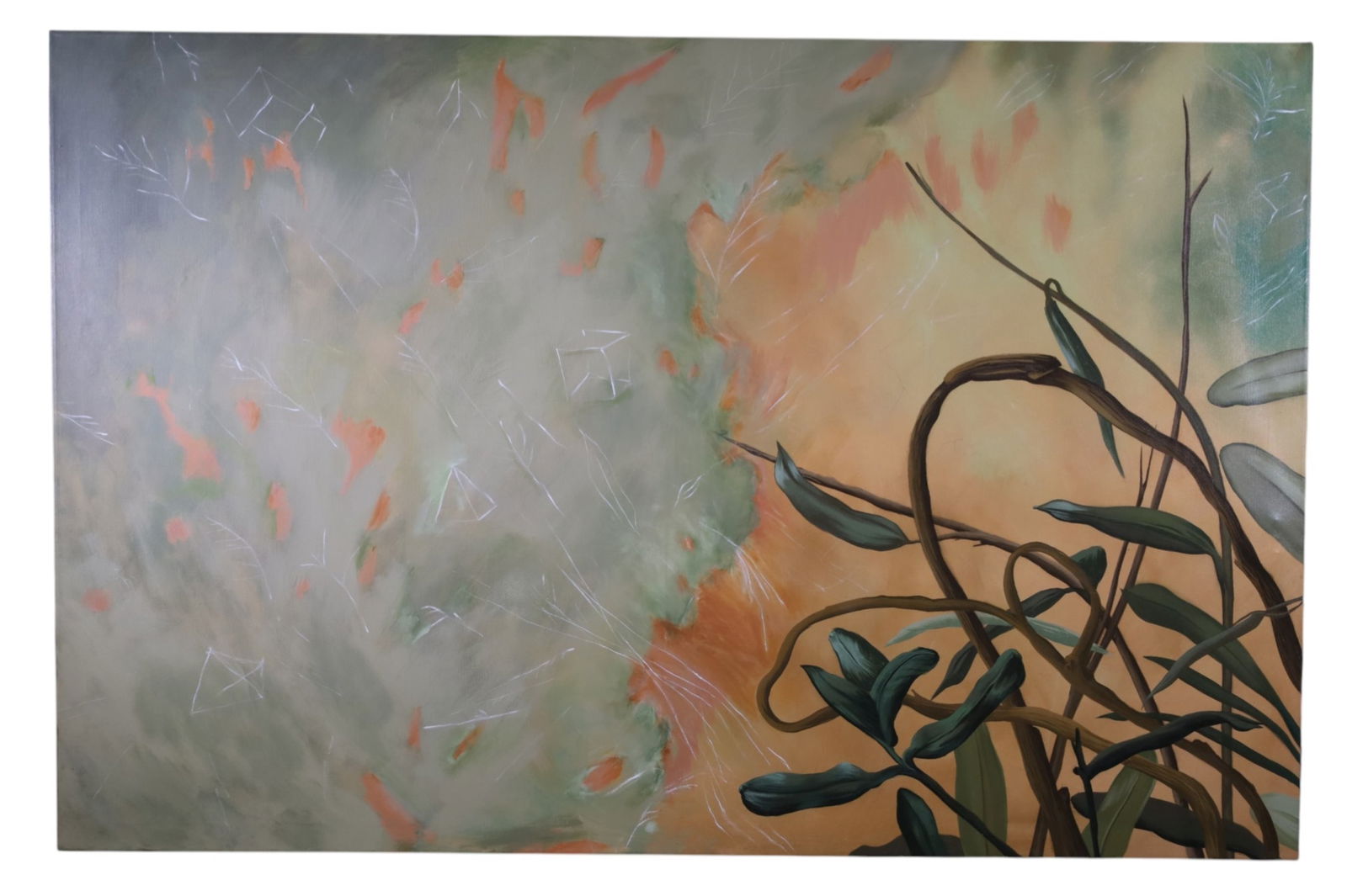 MONUMENTAL OIL PAINTING: UNFRAMED OIL ON CANVAS, UNSIGNED, FLORAL OIL PAINTING. 96" x 63" THIS ITEM EXCEEDS SIZE LIMITATIONS FOR IN HOUSE SHIPPING, MUST BE PICKED UP IN HOUSE OR SHIPPED VIA 3rd PARTY GROUND SHIPPER.