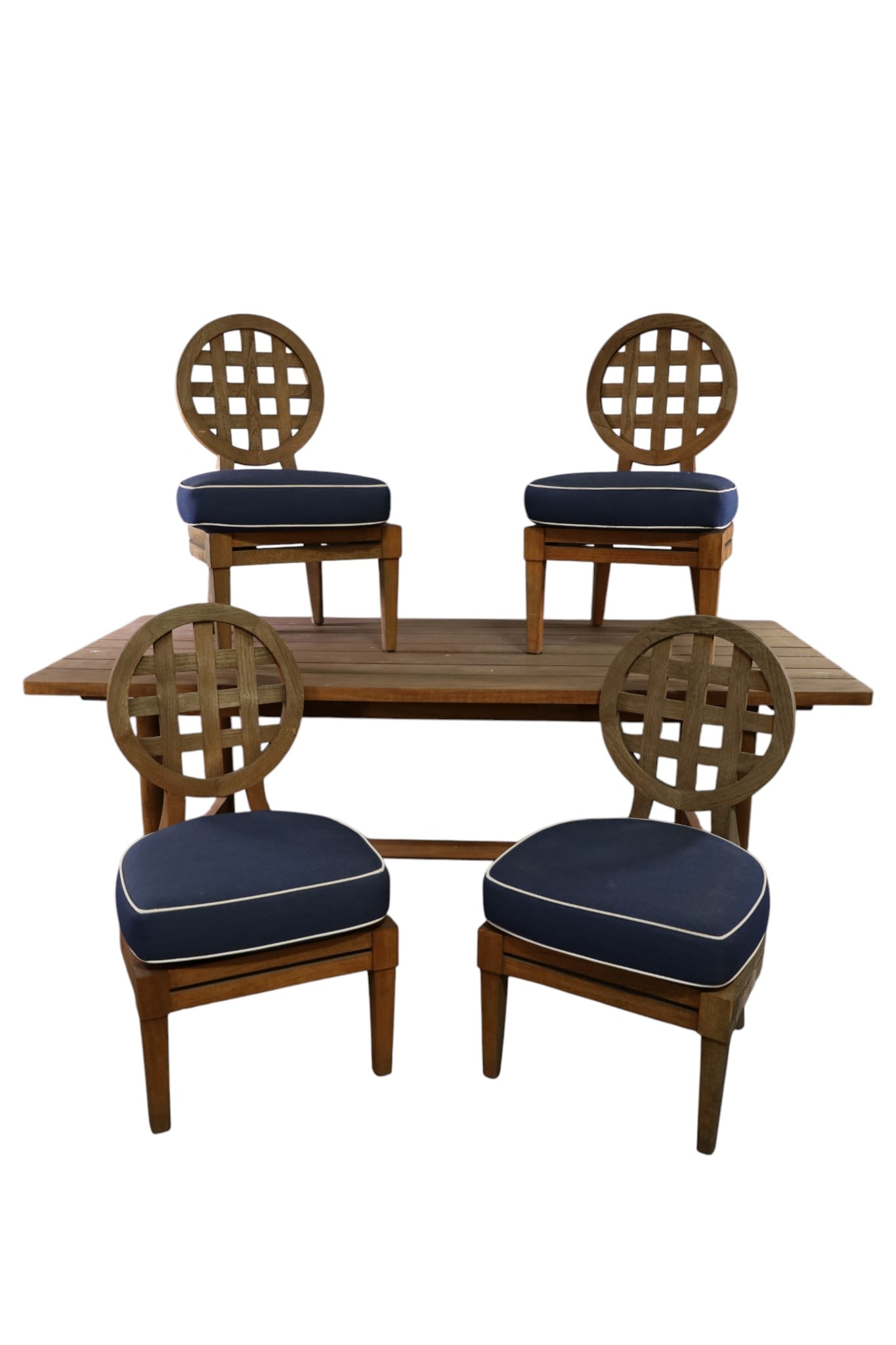 MCGUIRE PORTICO TEAK PATIO SET: 5 PIECE TEAK PATIO SET, BY MCGUIRE, DINING TABLE & 4 CHAIRS, 84" L x 38" D x 30 H & 24 1/2" W x 22" D x 38"H. THIS ITEM EXCEEDS SIZE LIMITATIONS FOR IN HOUSE SHIPPING, MUST BE PICKED UP IN HOUSE