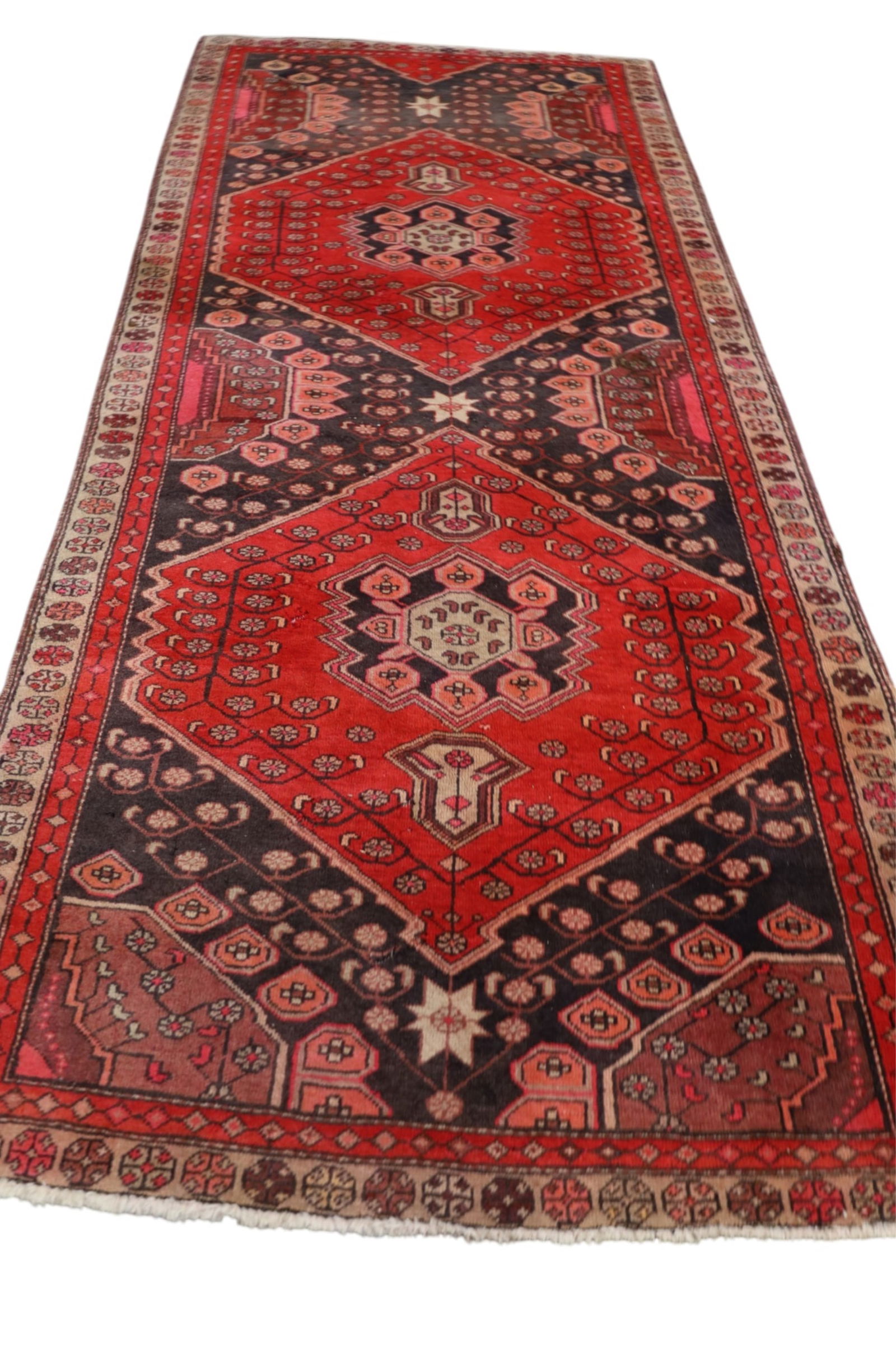 APPROX 10' x 4' 3" HANDMADE WOOL RUG: MOTH DAMAGE, NEEDS CLEANED.