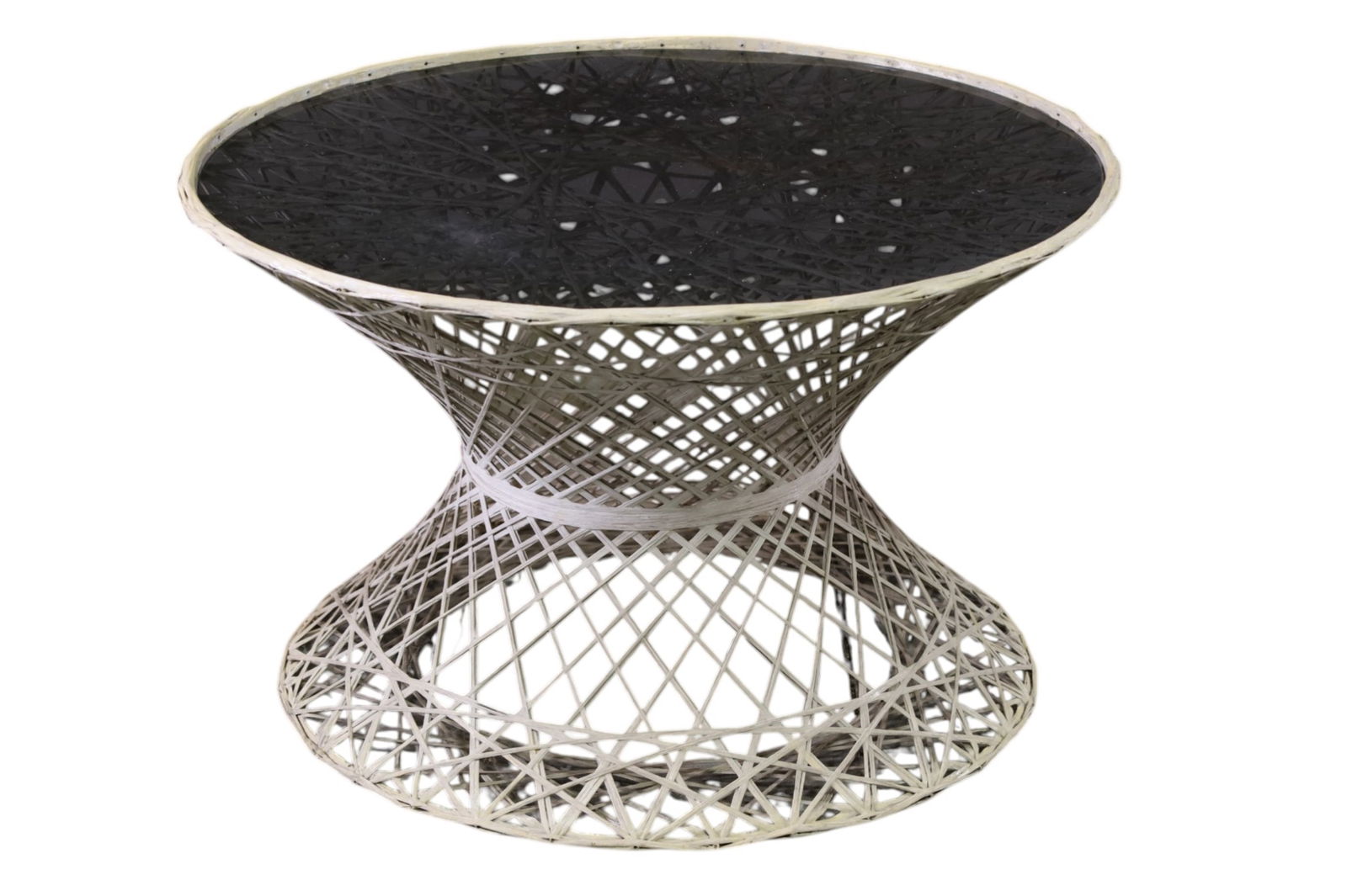 RUSSELL WOODARD SIDE TABLE: RUSSELL WOODARD SPUN FIBERGLASS GLASS TOP SIDE TABLE. 28: DIAM x 17" H. THIS ITEM EXCEEDS SIZE LIMITATIONS FOR IN HOUSE SHIPPING, MUST BE PICKED UP IN HOUSE OR SHIPPED VIA 3rd PARTY GROUND 