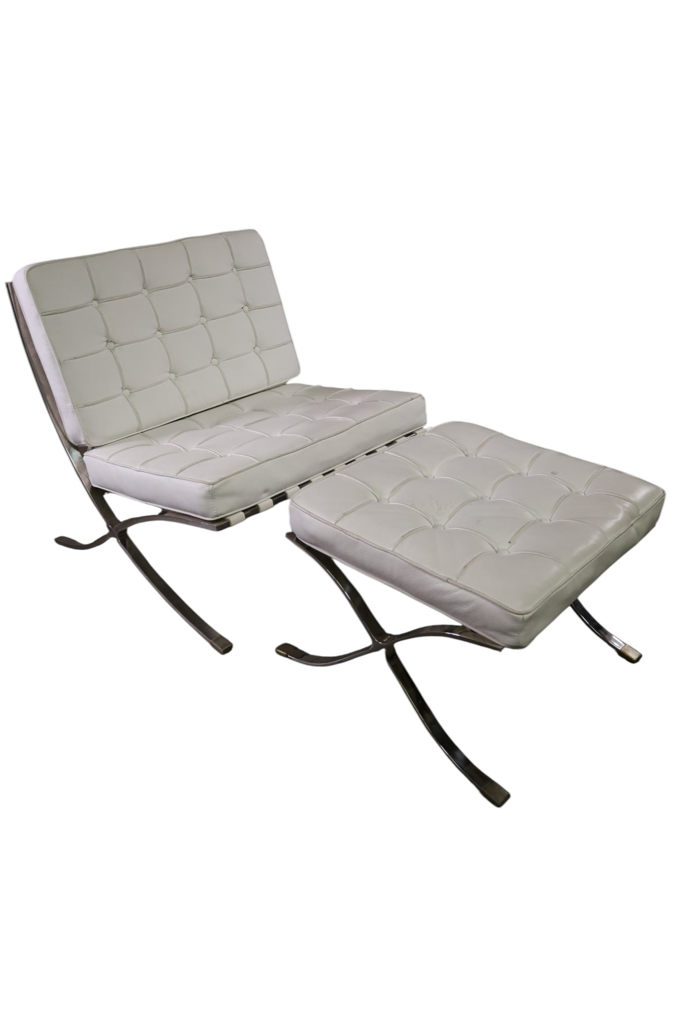 MCM STYLE LOUNGE CHAIR & OTTOMAN.: BARCELONA STYLE CHAIR AND OTTOMAN. 29" W x 29" D x 31" H & 23" W x 21" D x 16" H. THIS ITEM EXCEEDS SIZE LIMITATIONS FOR IN HOUSE SHIPPING, MUST BE PICKED UP IN HOUSE OR SHIPPED VIA 3rd PARTY