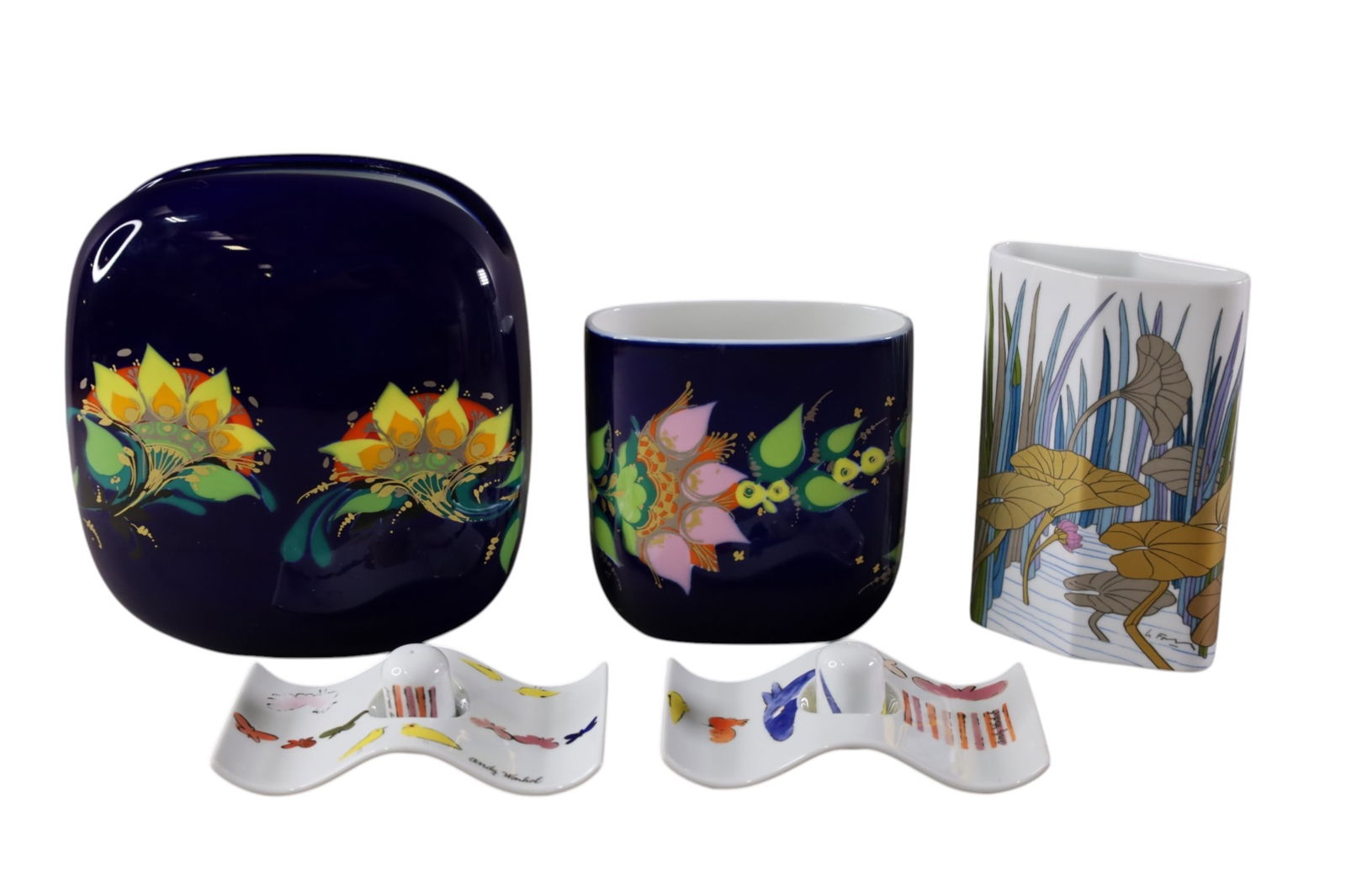 GROUPING OF 5 PCS. ROSENTHAL PORCELAIN: 2 BJORN WIINBLAD STUDIO LINE VASES. & 2 ANDY WARHOL SALT & PEPPERS. 6" - 9" H.