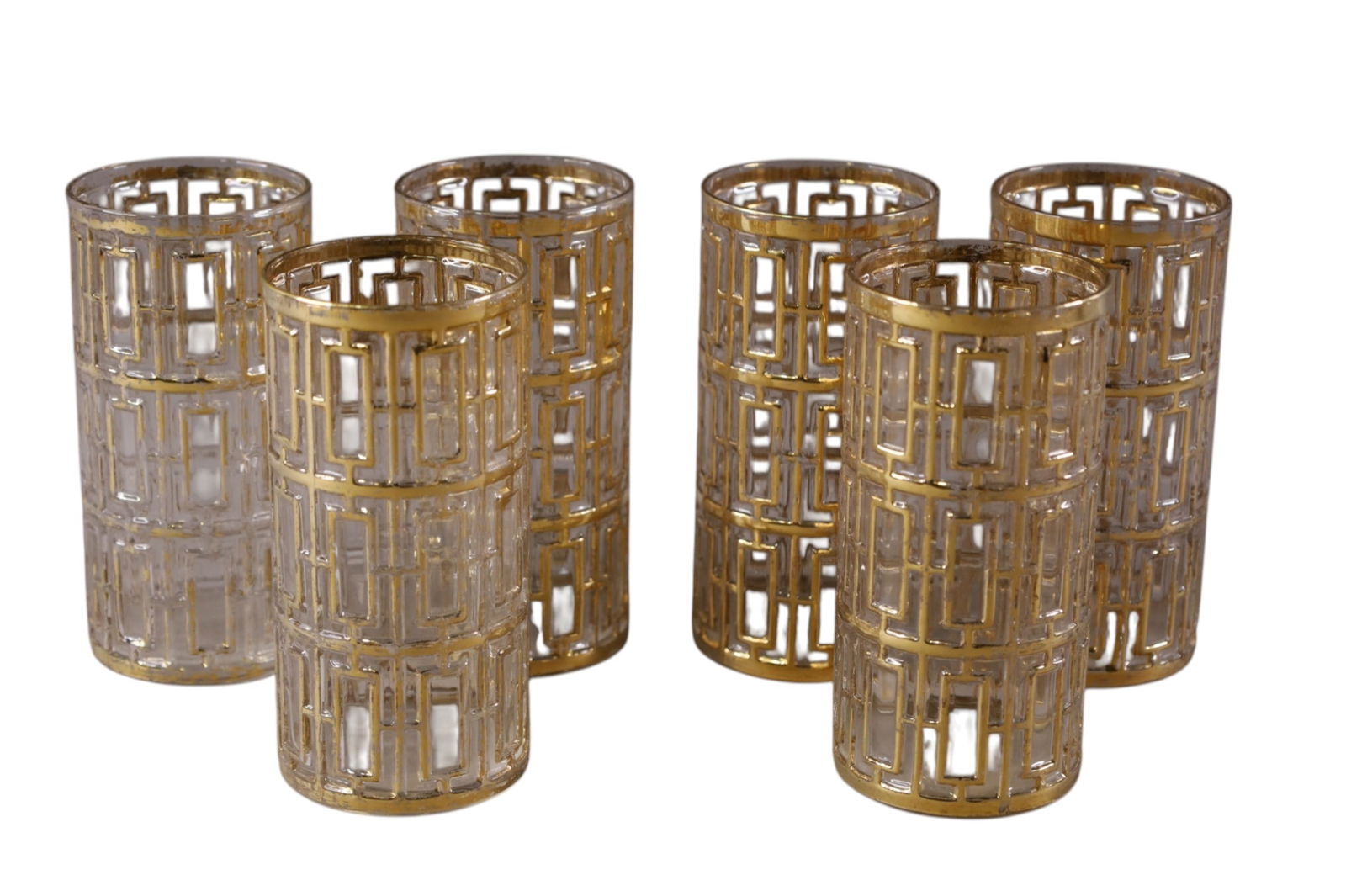 SET OF 6 MCM GLASSES: SET OF 6 IMPERIAL GLASS SHOJI GOLD HIIGH BALL GLASSES. 5 3/4" H.