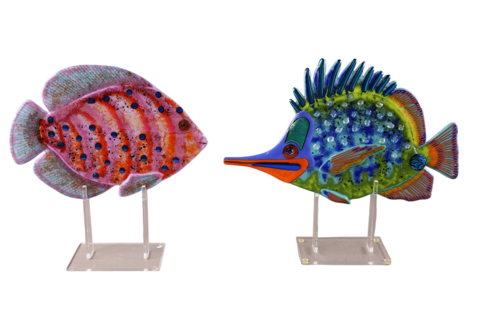 PAIR OF ART GLASS FISH: PAIR OF ART GLASS FISH, SIGNED CLARK. ONE TITLED BANDIZ BUTTERFLY, & LONGROSE BUTTERFLY. 12" & 16" W.