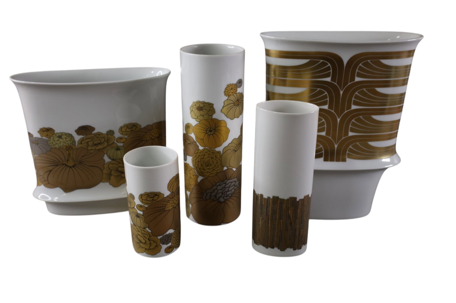 5 PCS OF ROSENTHAL PORCELAIN: ROSENTHAL STUDIO LINE VASES, GOLD FLORAL DESIGNED. 11" - 6" H.