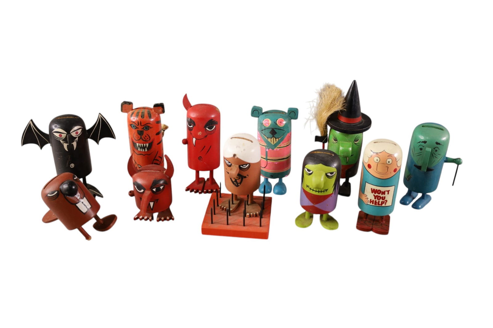 11 PRIDE CREATIONS POPSIE FIGURES: HAND PAINTED WOODEN PRIDE CREATIONS POPSIE FIGURES, JAPANESE. SOME MISSING PIECES. FOOT AND EAR. 4" - 7" H