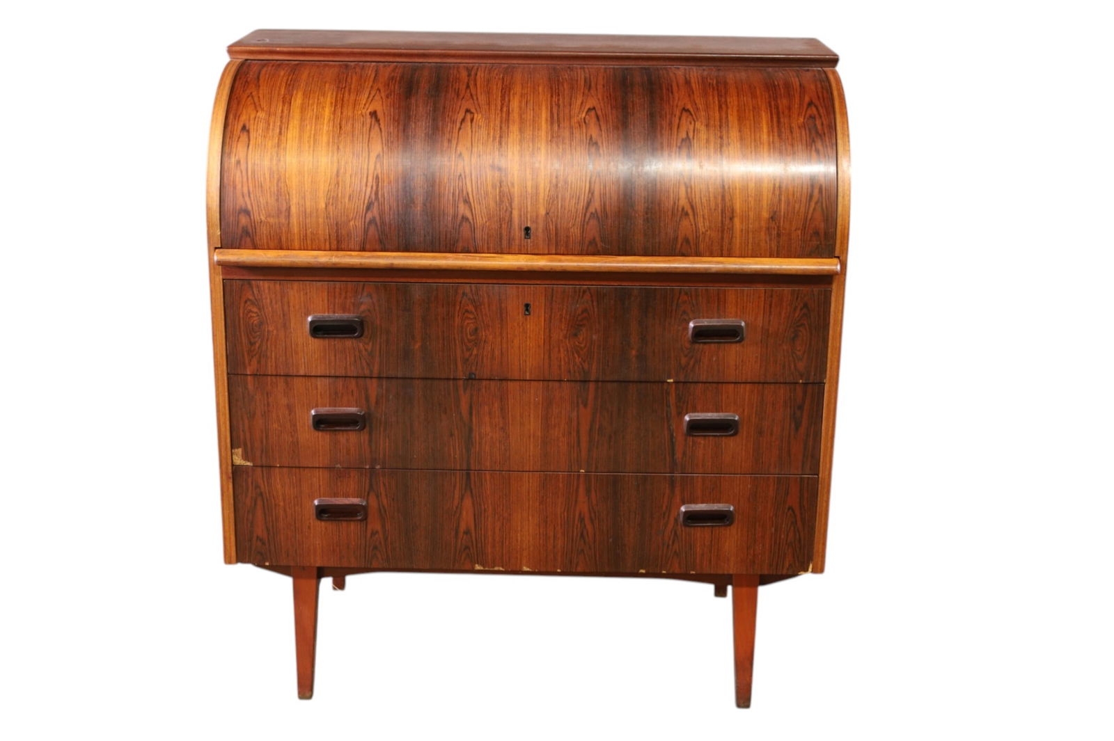 SWEDISH MCM DESK: ROSEWOOD, ROLLTOP SWEDISH DESK, MID CENTURY MODERN. LOWER DRAWERS, FITTED INTERIOR. VENEER CHIPS. 35" W X 18" D x 38" H. THIS ITEM EXCEEDS SIZE LIMITATIONS FOR IN HOUSE SHIPPING, MUST BE PICKED
