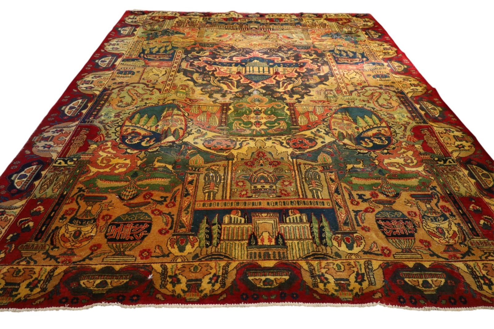 APPROX 12' 9" x 9' 9" HANDMADE WOOL RUG: HANDMADE PICTORAL WOOL RUG, AREAS OF LOW PILE.