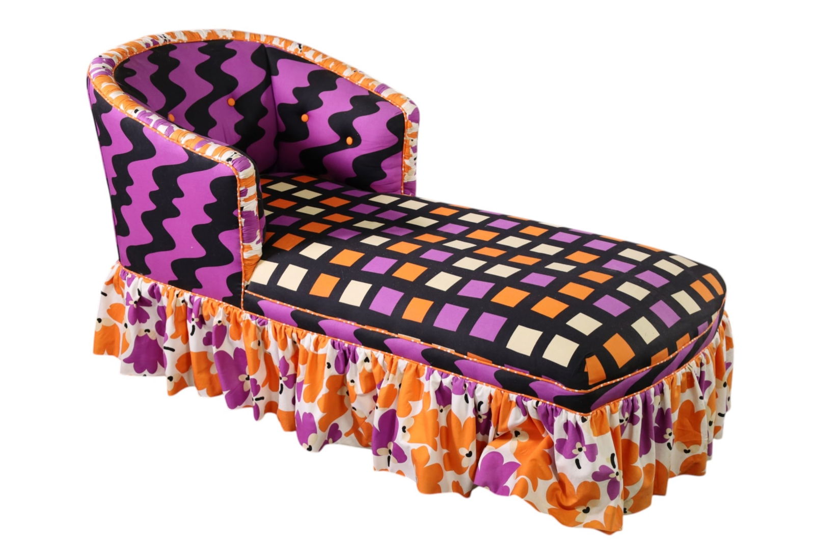 CUSTOM CHAISE LOUNGE: CUSTOM UPHOLSTERED CHAISE LOUNGE, STAINS. NEEDS CLEANED. 27" W x 57" L x 29" H. THIS ITEM EXCEEDS SIZE LIMITATIONS FOR IN HOUSE SHIPPING, MUST BE PICKED UP IN HOUSE OR SHIPPED VIA 3rd PARTY GROUND