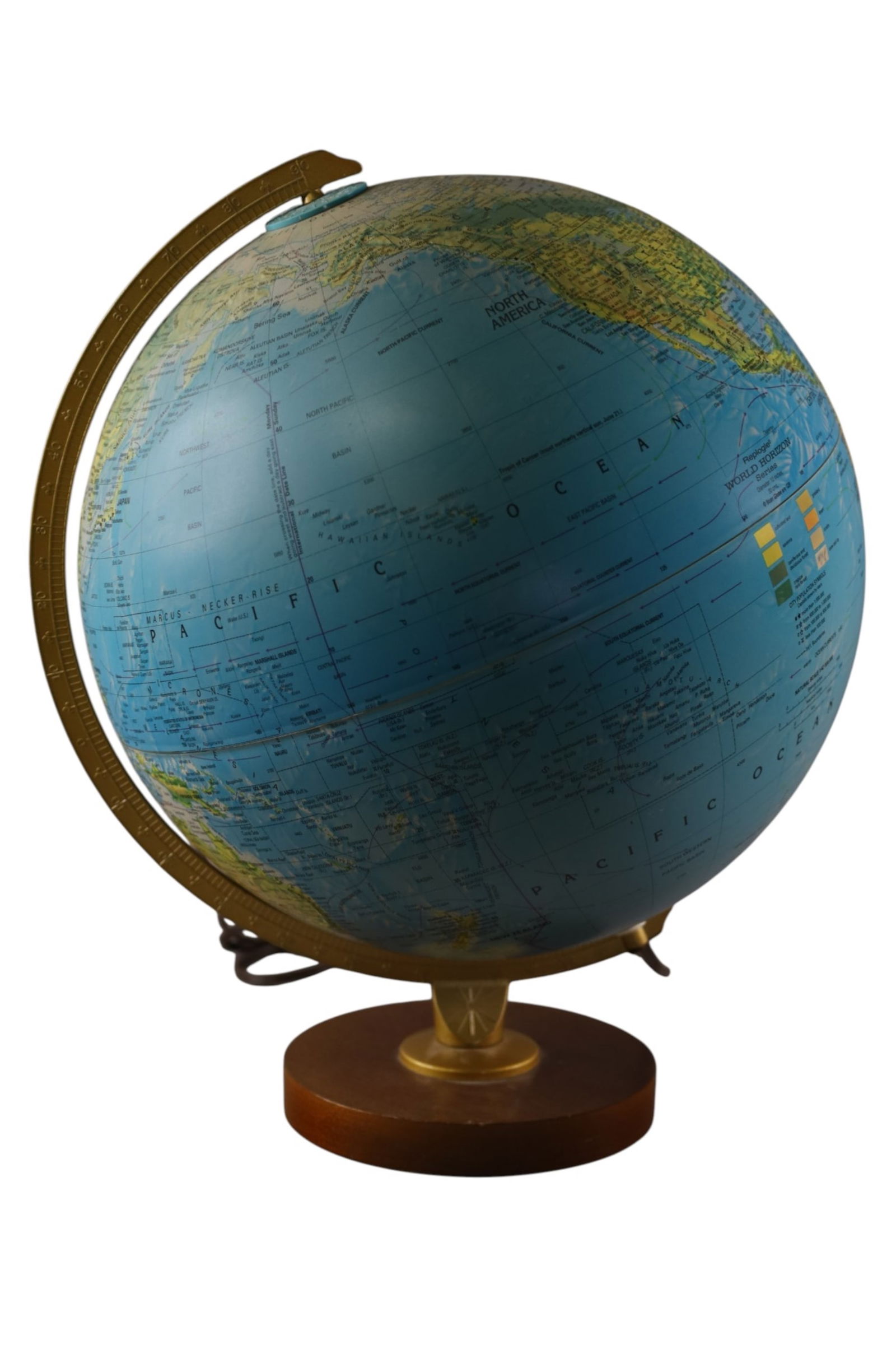 MID CENTURY GLOBE: ON WOODEN BASE, LIGHT UP GLOBE. REPLOGLE WORLD HORIZON 12"
